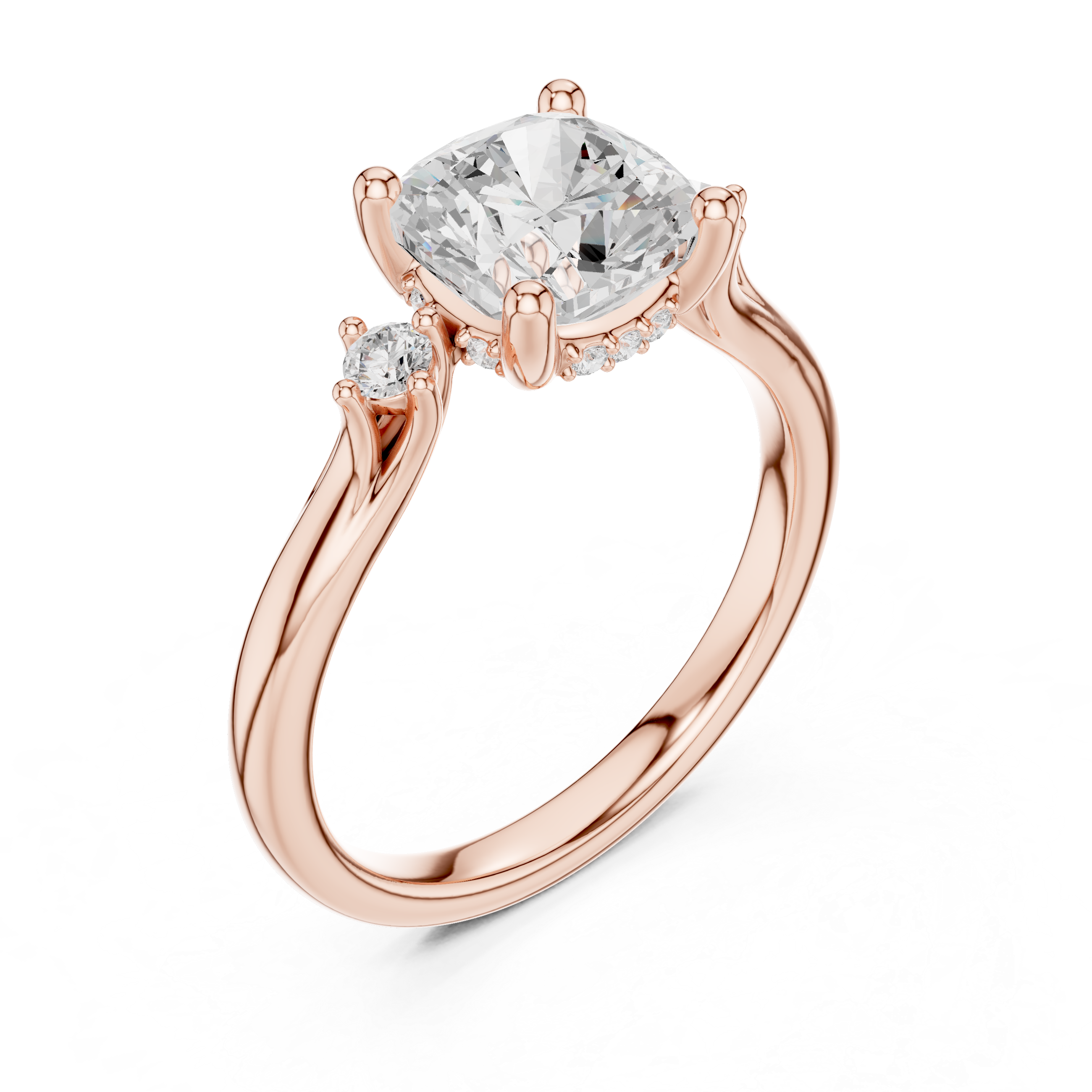Cushion Cut Three-Stone Engagement Ring with Hidden Accent Diamonds