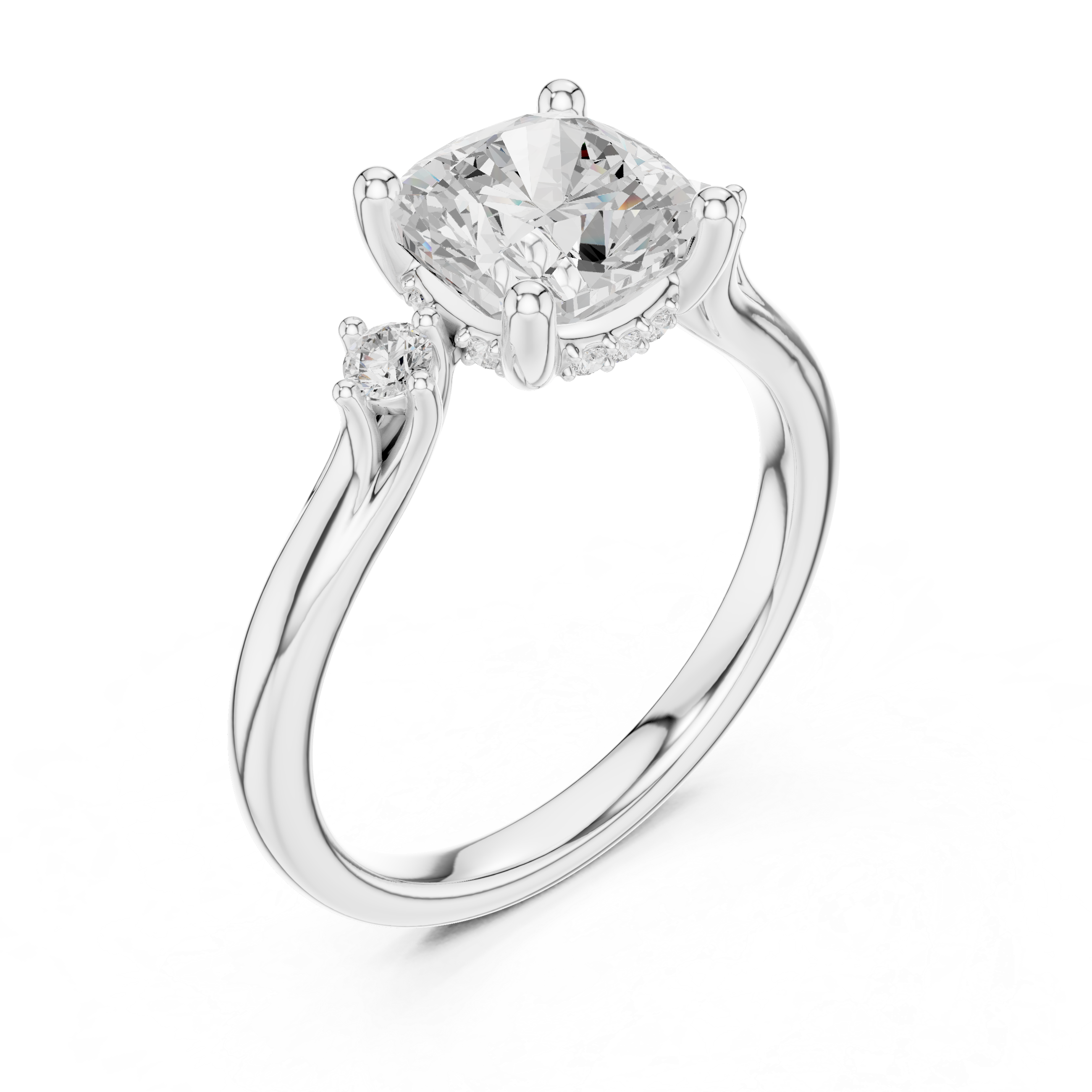 Cushion Cut Three-Stone Engagement Ring with Hidden Accent Diamonds
