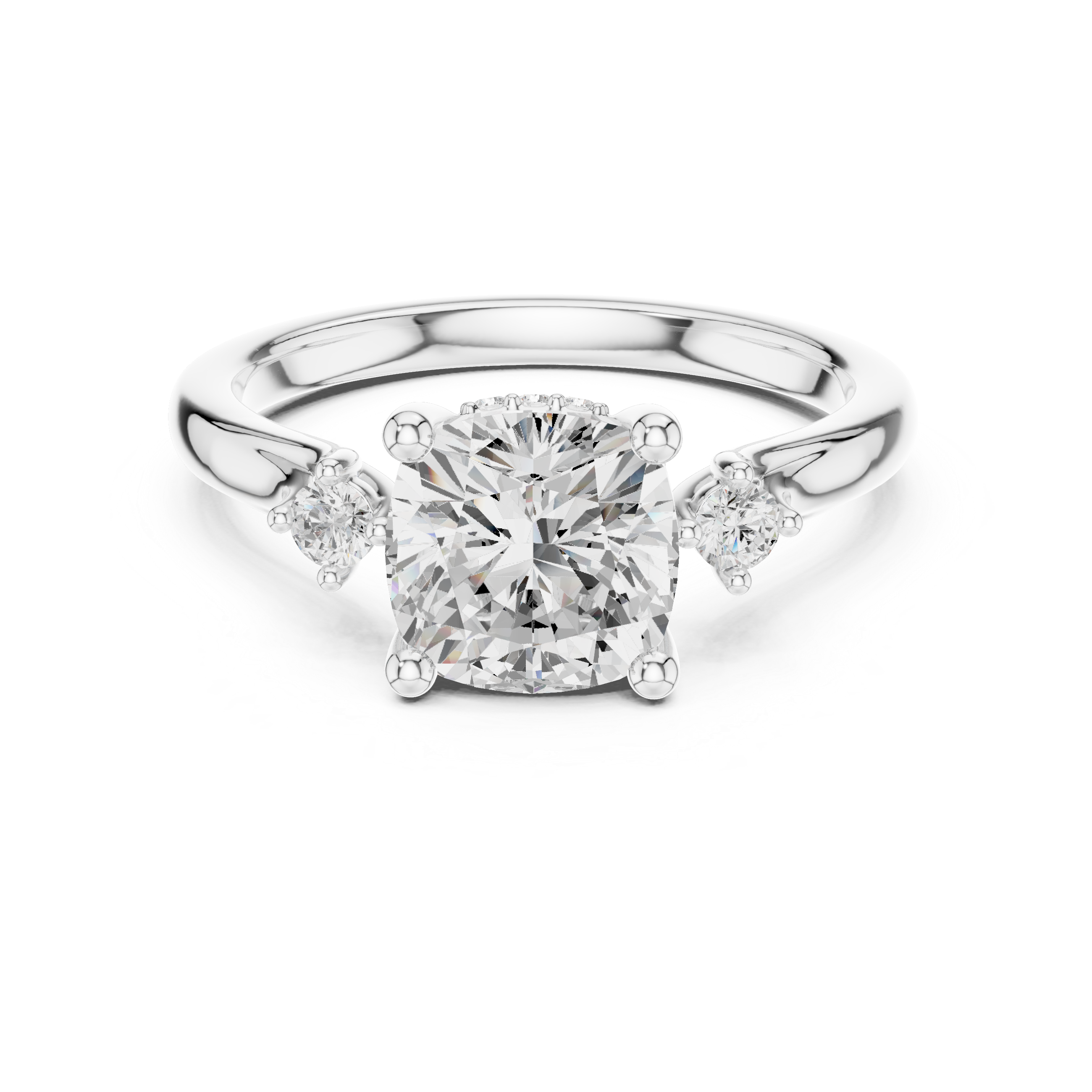 Cushion Cut Three-Stone Engagement Ring with Hidden Accent Diamonds