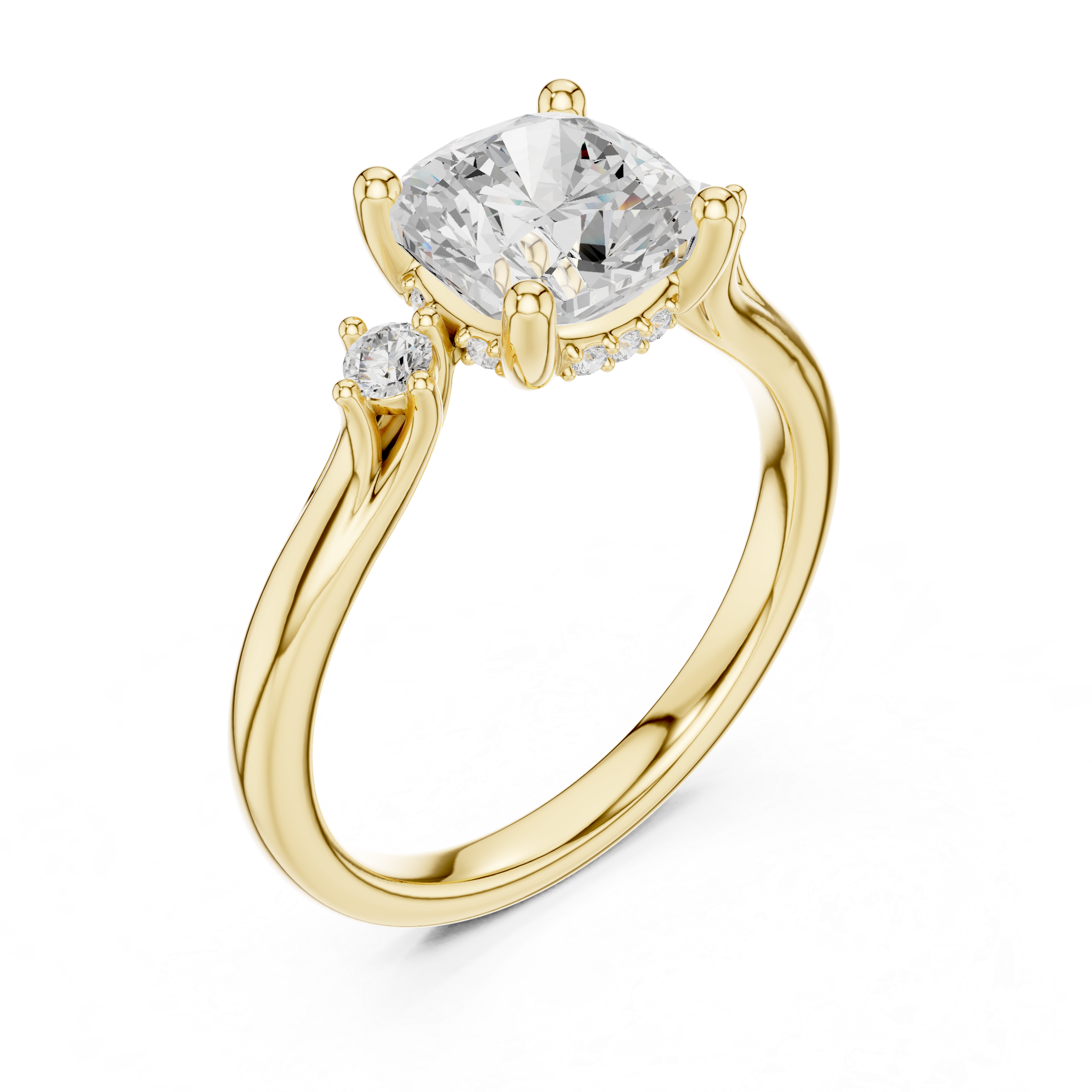Cushion Cut Three-Stone Engagement Ring with Hidden Accent Diamonds
