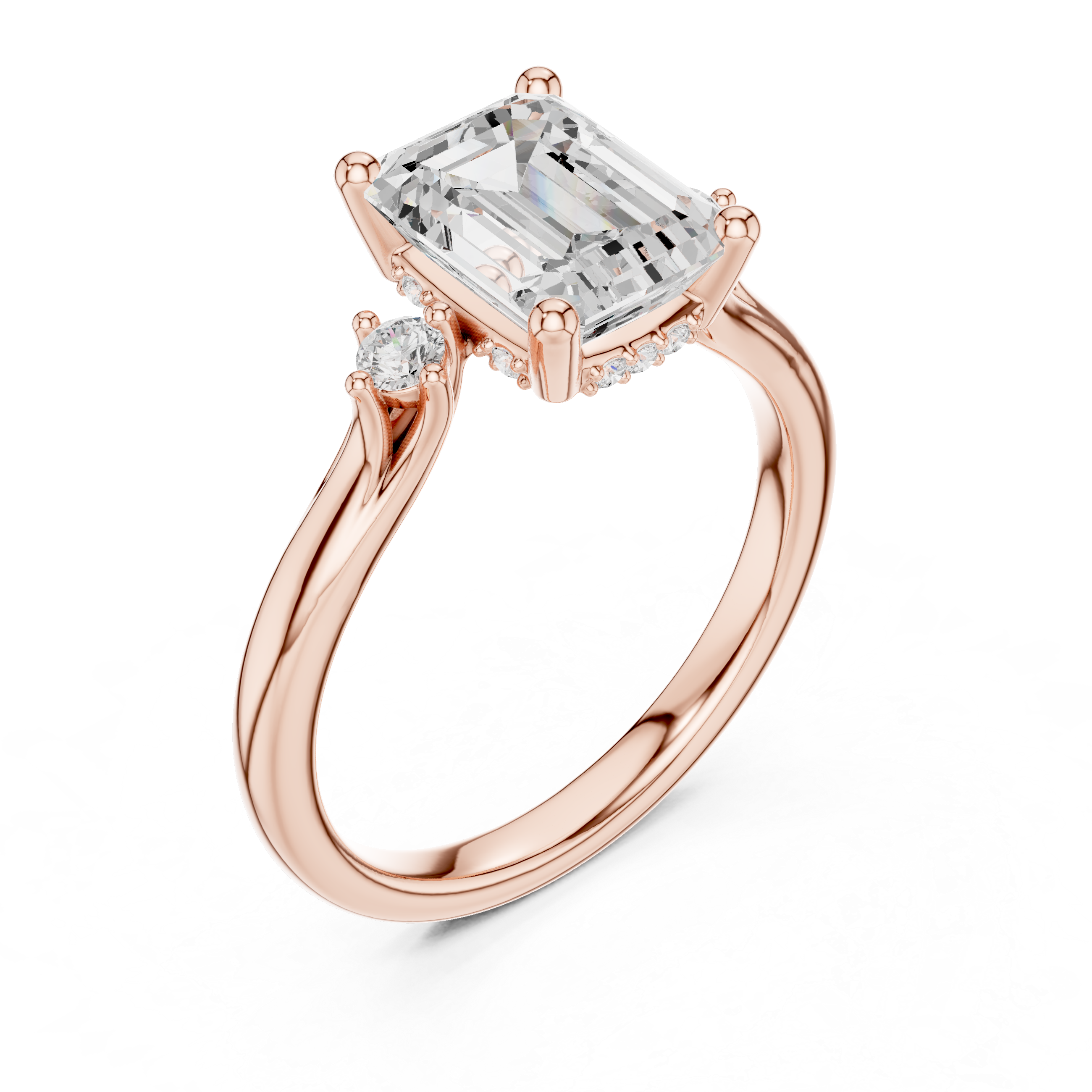 Emerald Cut Three-Stone Engagement Ring with Hidden Halo Accents