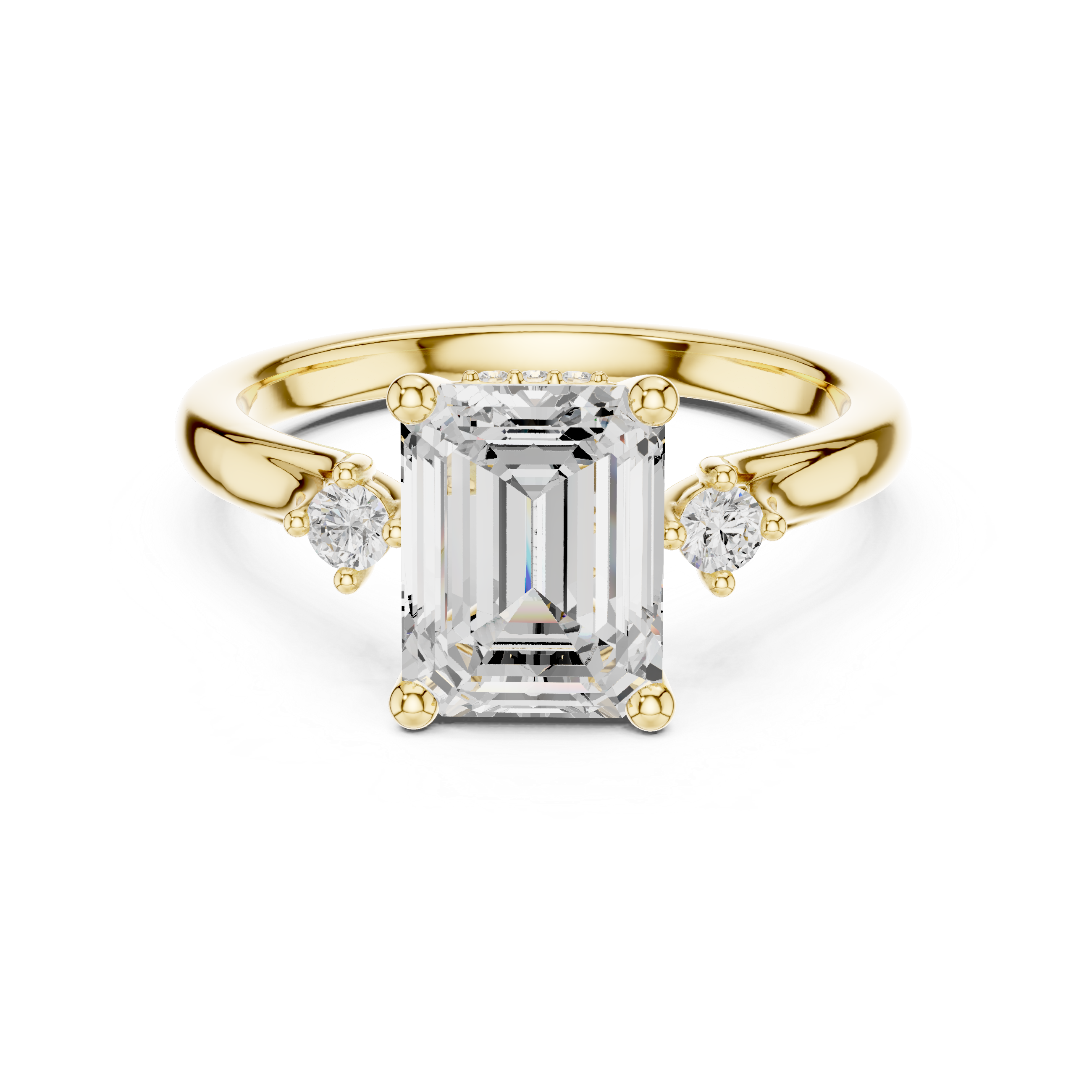 Emerald Cut Three-Stone Engagement Ring with Hidden Halo Accents