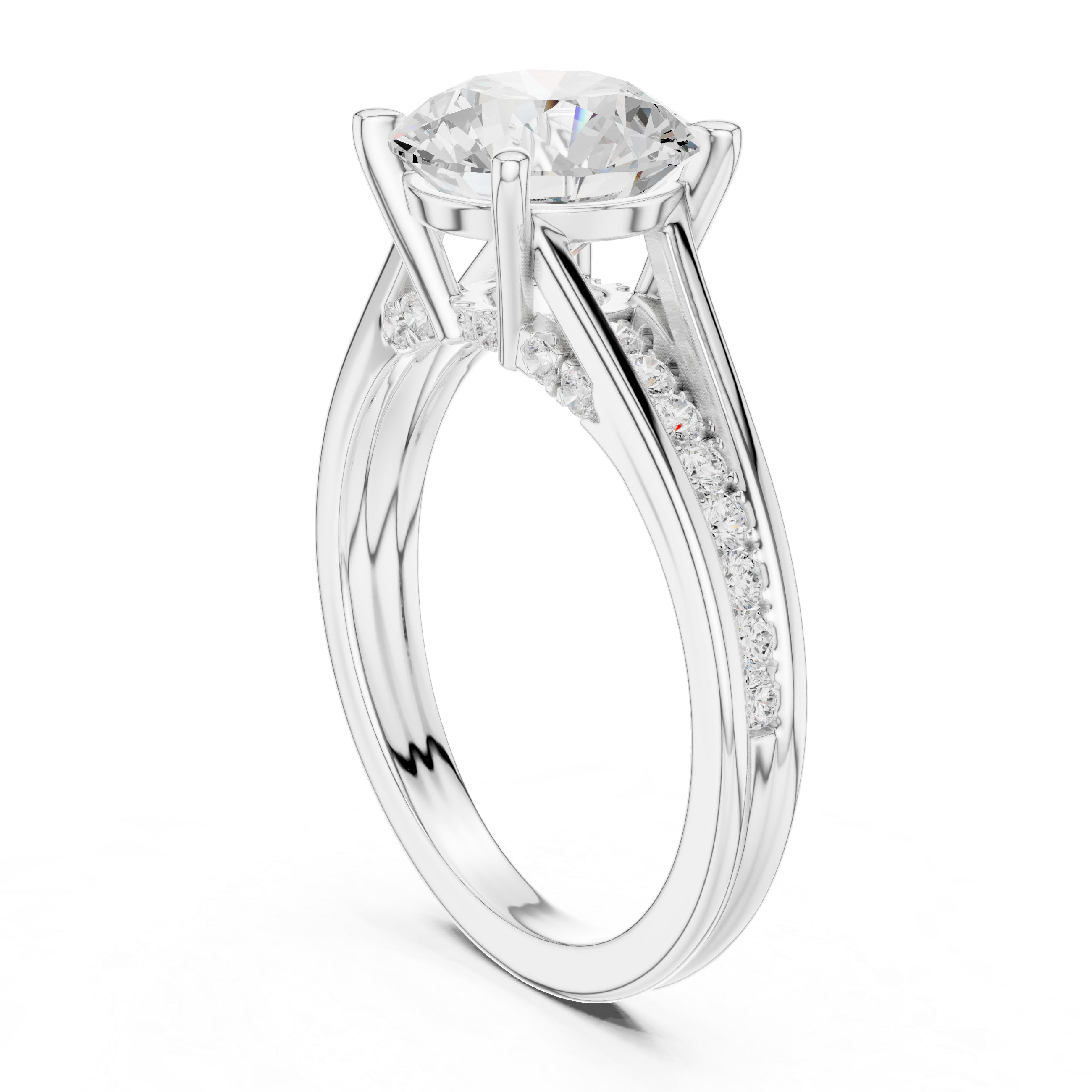 Round Cut Solitaire Engagement Ring with Split Shank Pavé Diamond Band