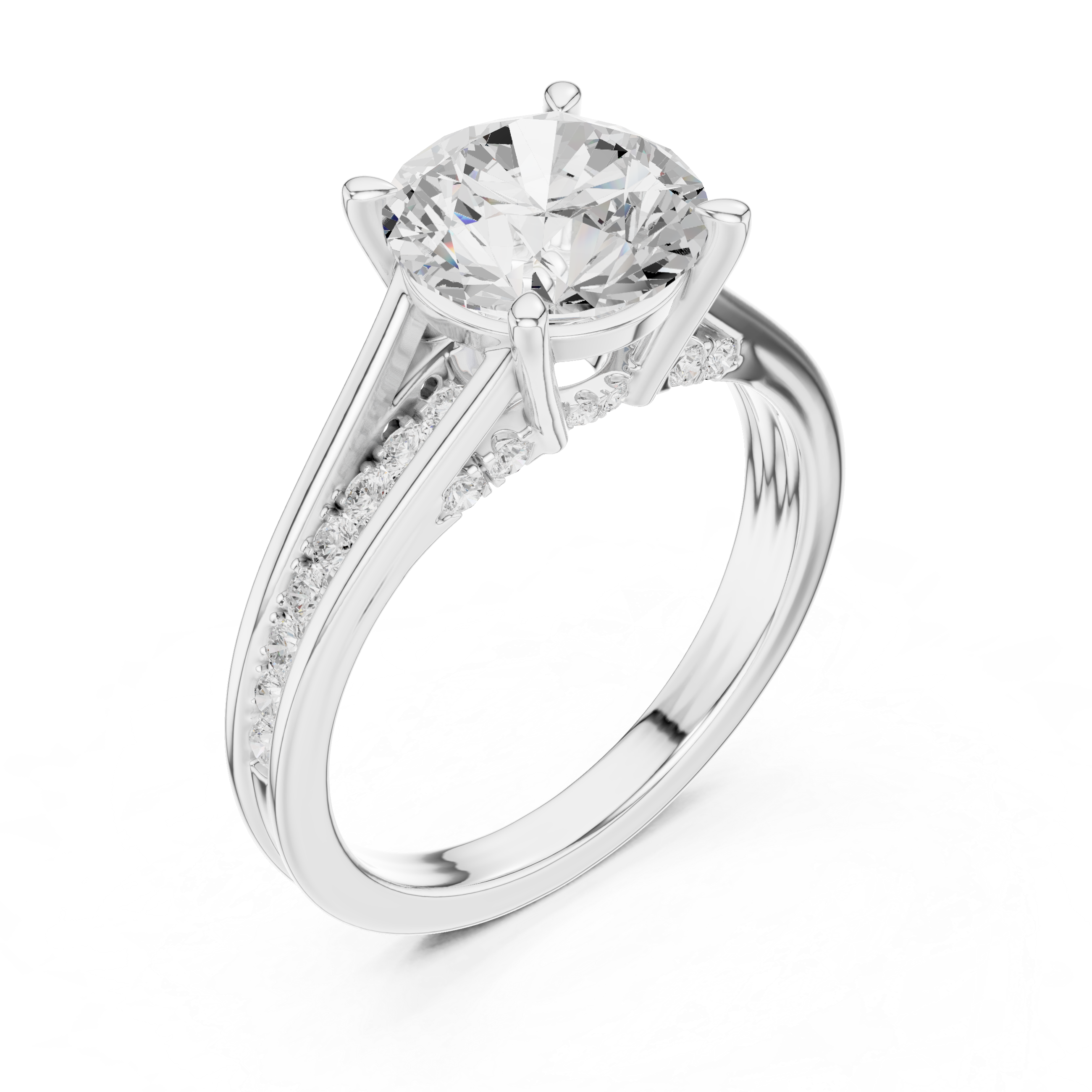 Round Cut Solitaire Engagement Ring with Split Shank Pavé Diamond Band