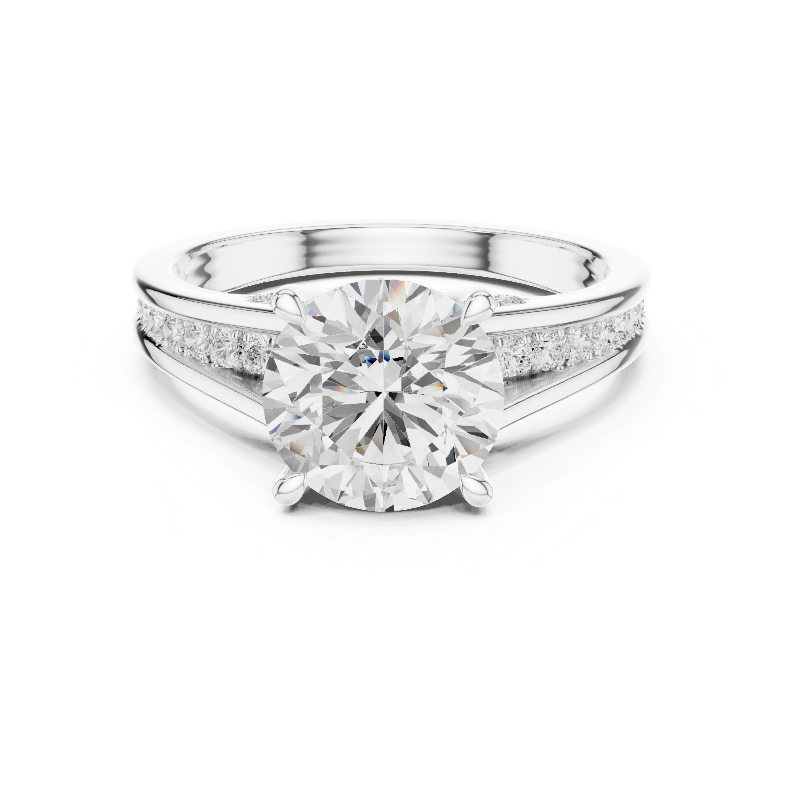 Round Cut Solitaire Engagement Ring with Split Shank Pavé Diamond Band