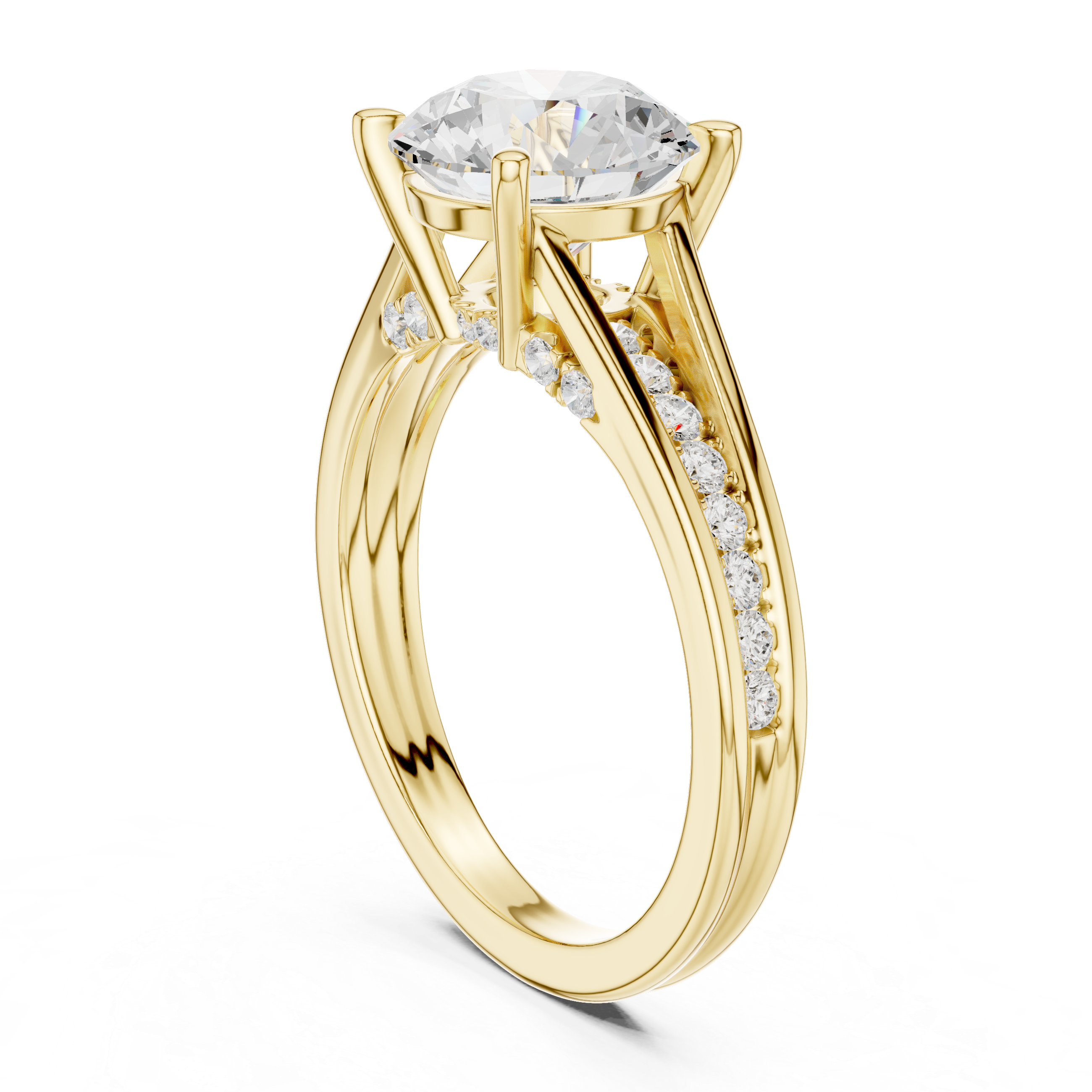 Round Cut Solitaire Engagement Ring with Split Shank Pavé Diamond Band