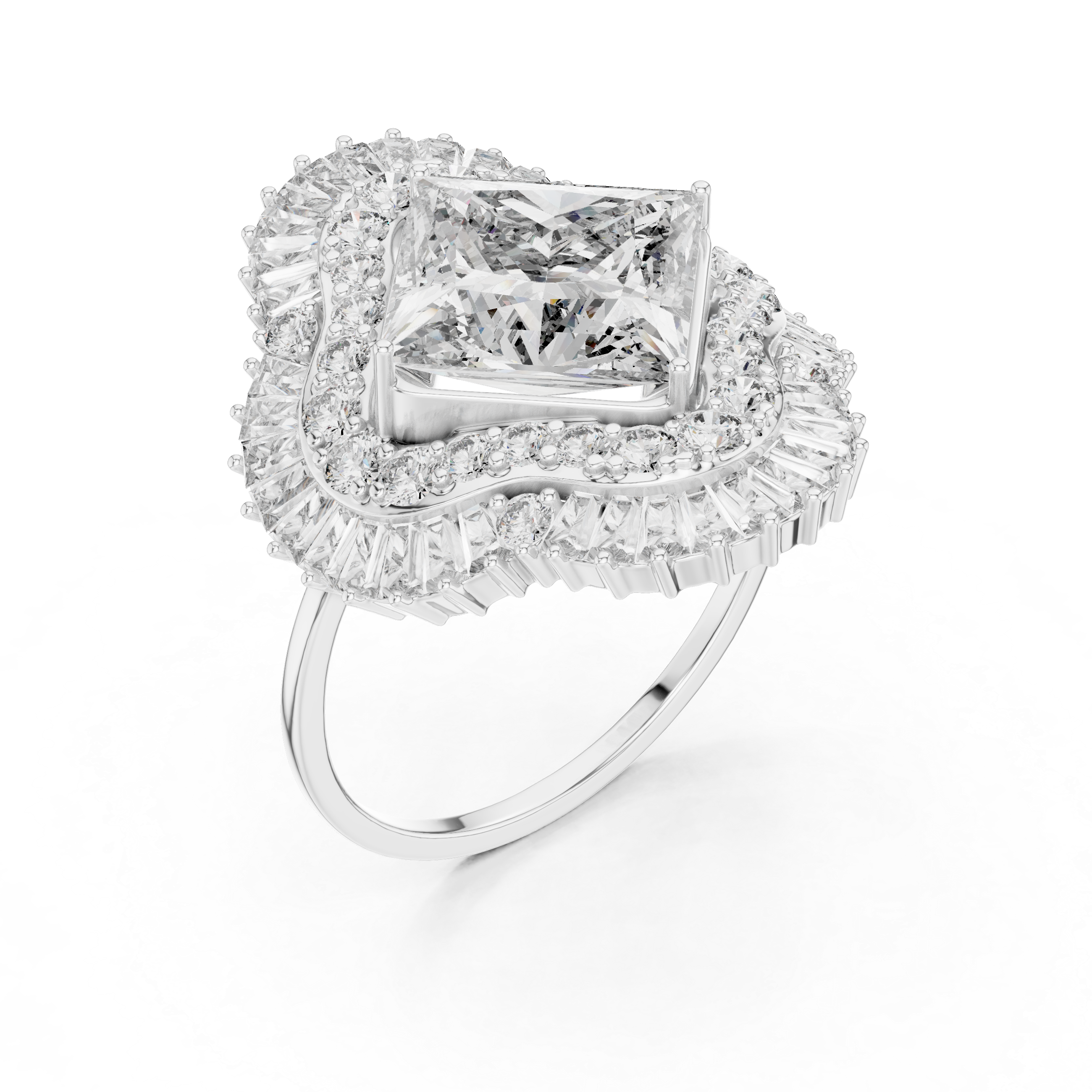 Princess Cut Halo Diamond Statement Ring – Double Halo Baguette Cluster Engagement Ring
