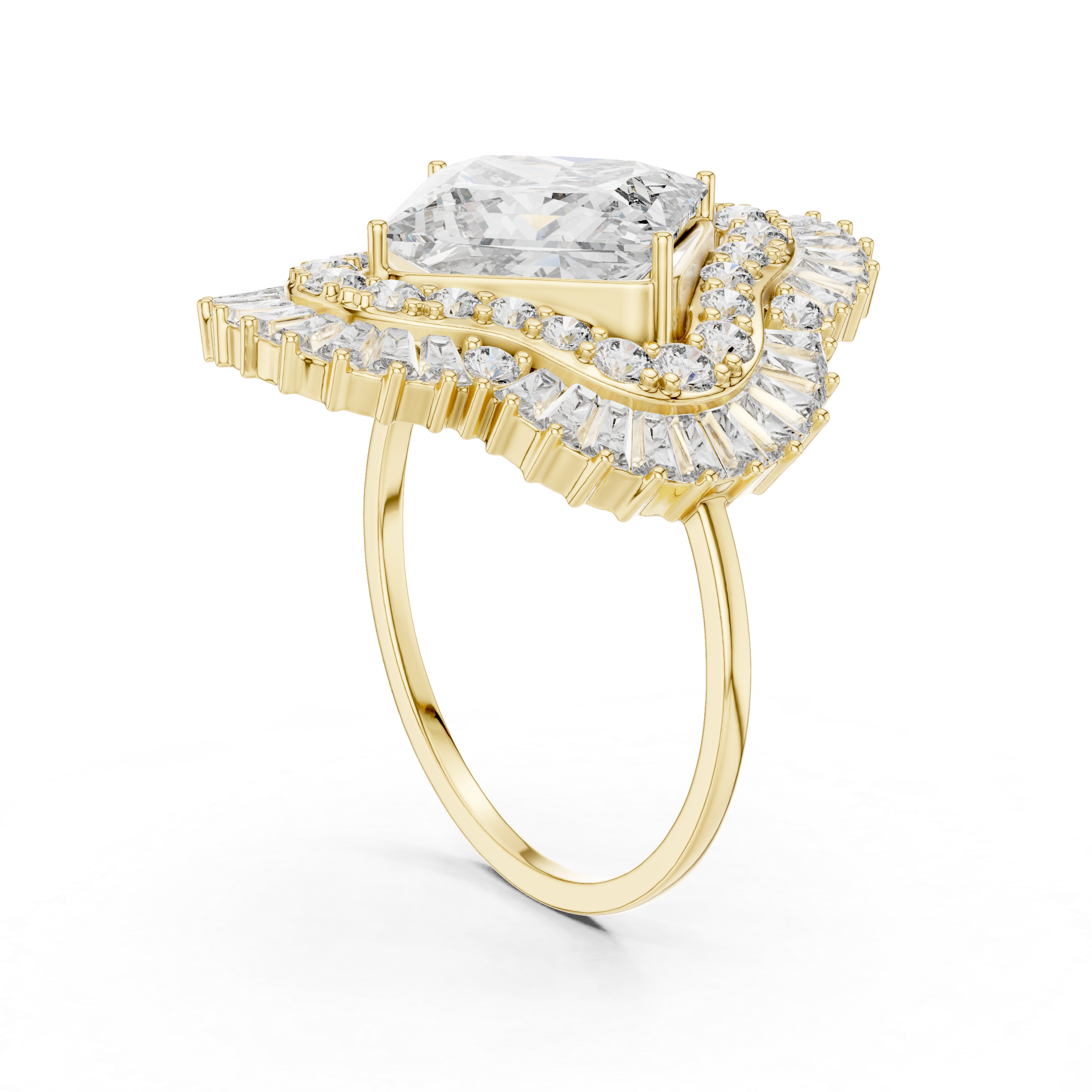 Princess Cut Halo Diamond Statement Ring – Double Halo Baguette Cluster Engagement Ring