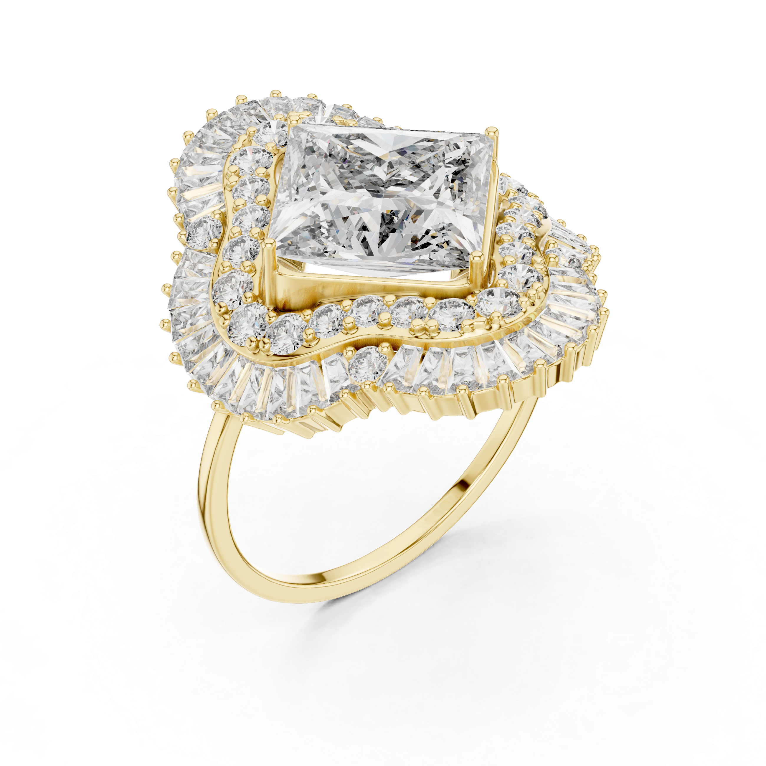 Princess Cut Halo Diamond Statement Ring – Double Halo Baguette Cluster Engagement Ring