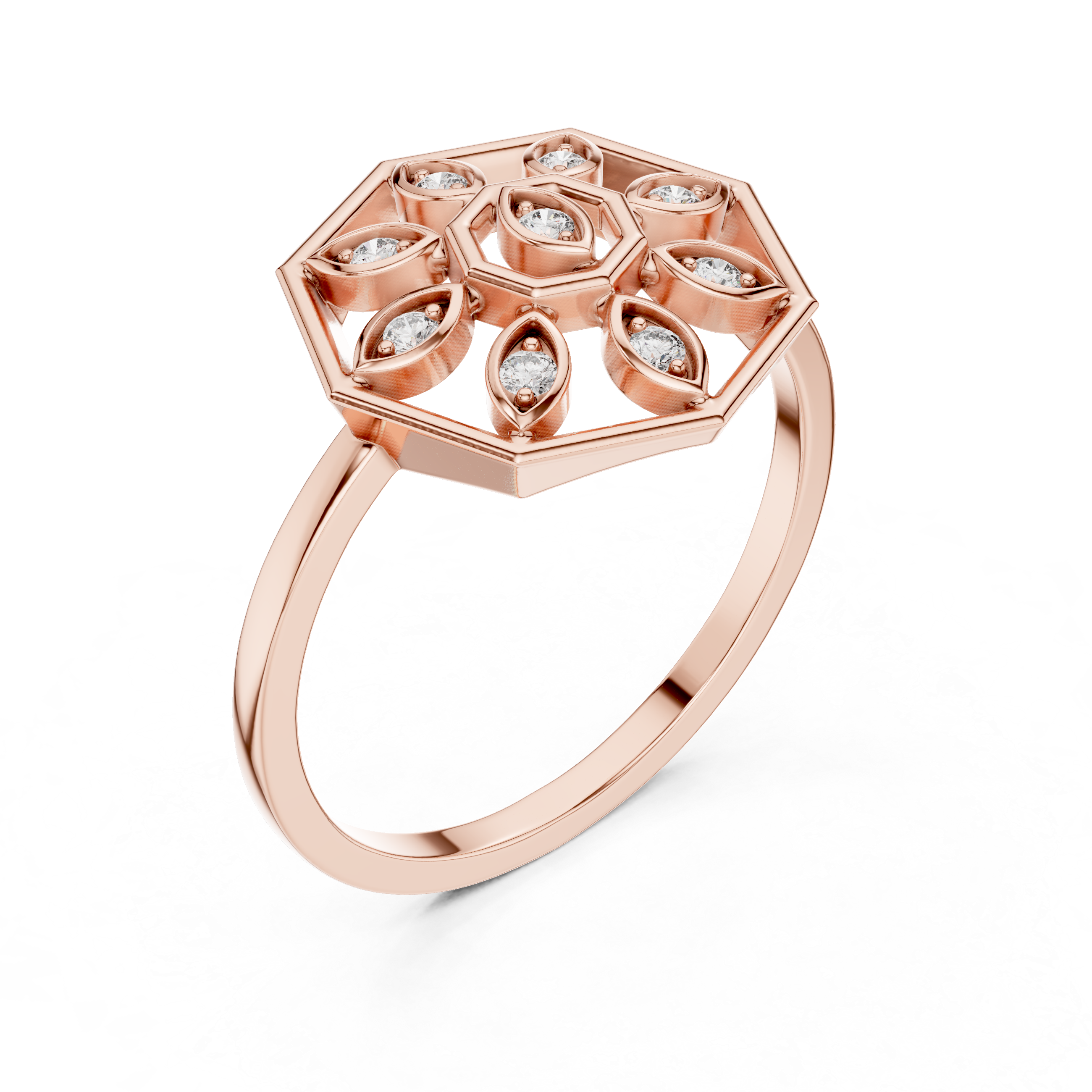 Diamond Hexagon Snowflake Ring – Geometric Floral Openwork Statement Ring