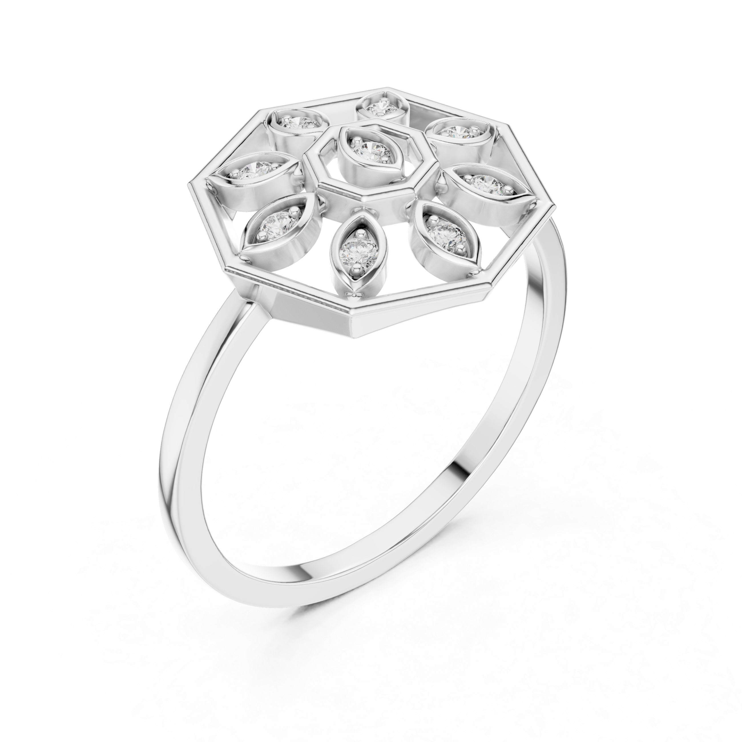 Diamond Hexagon Snowflake Ring – Geometric Floral Openwork Statement Ring