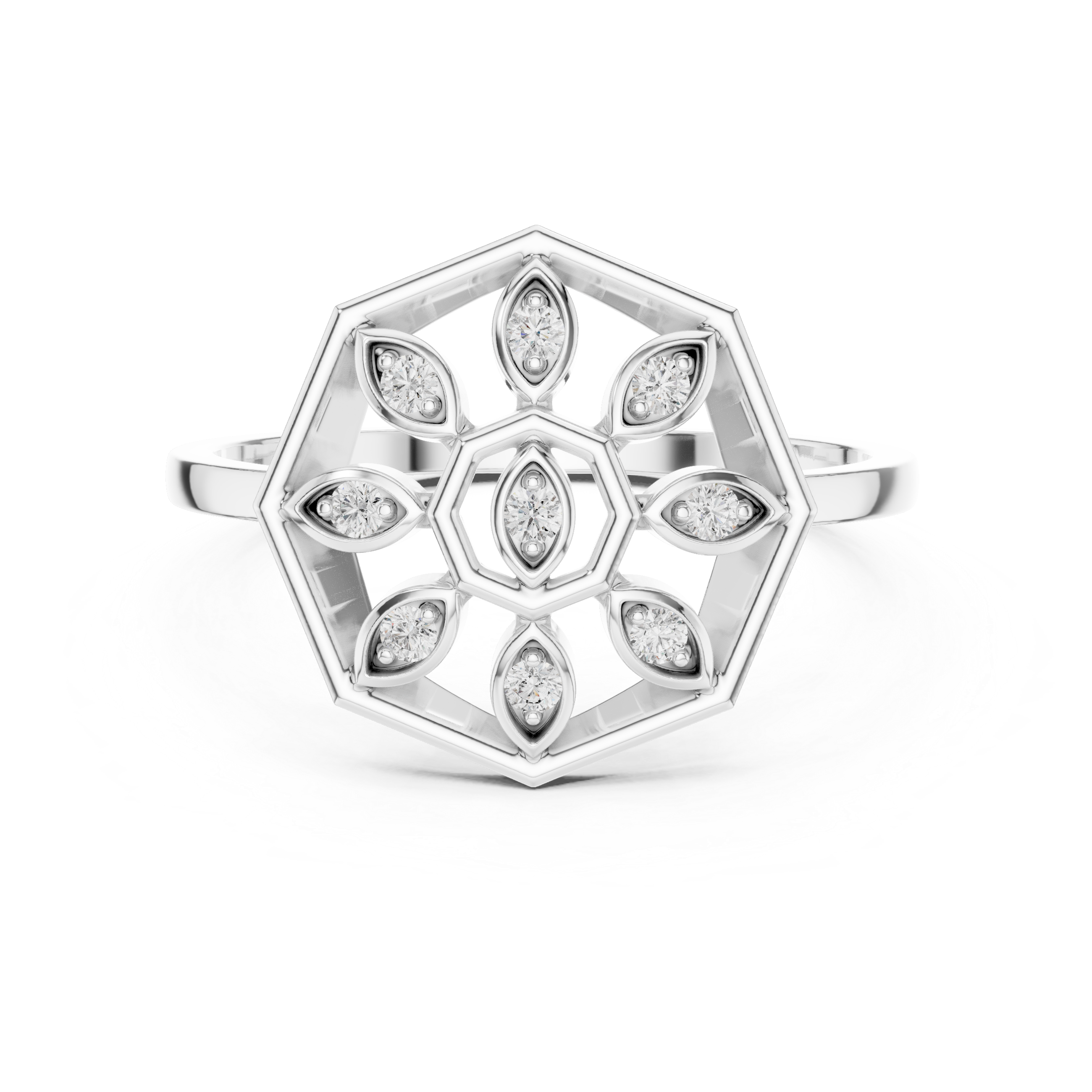Diamond Hexagon Snowflake Ring – Geometric Floral Openwork Statement Ring