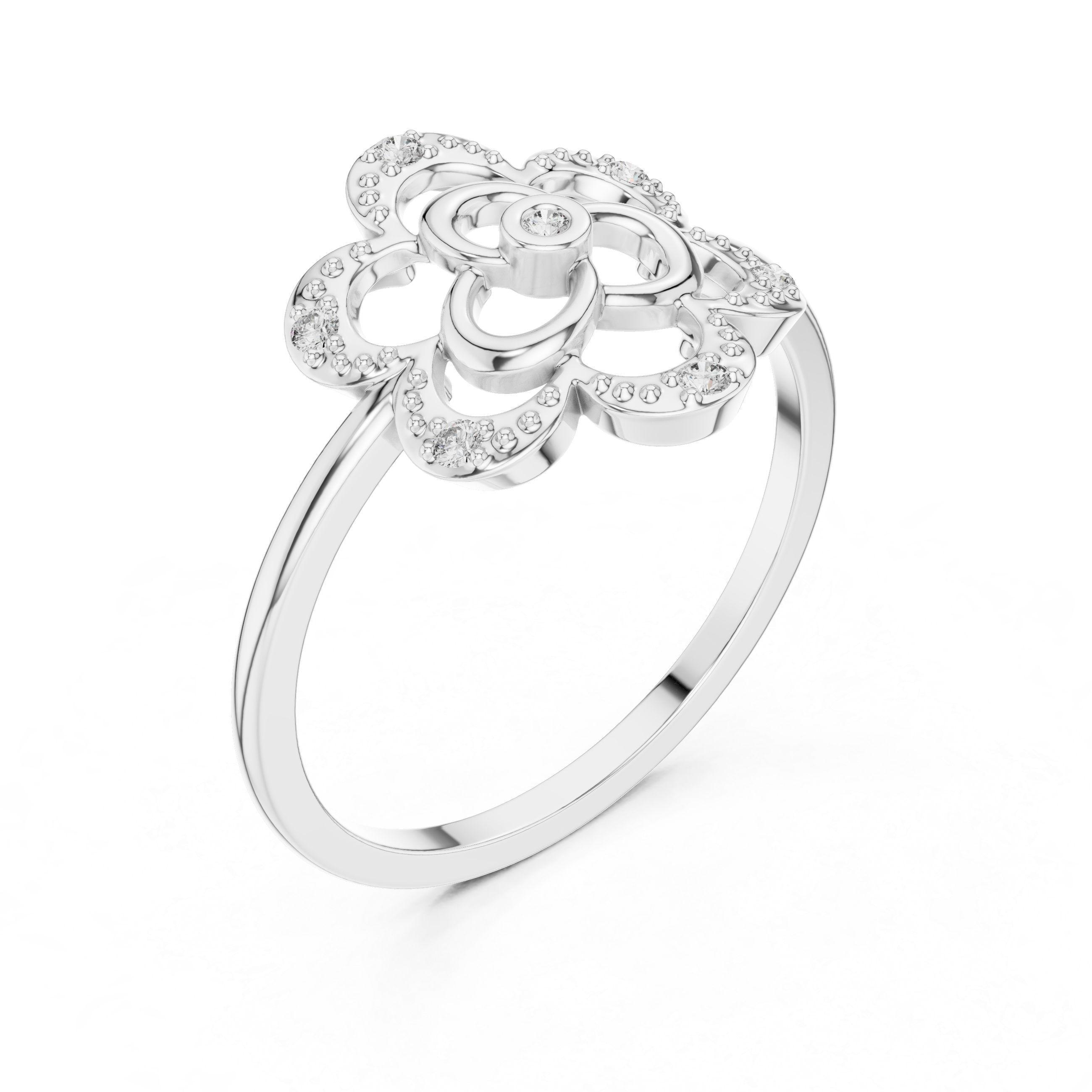 Diamond Floral Clover Ring – Vintage Openwork Flower Statement Ring