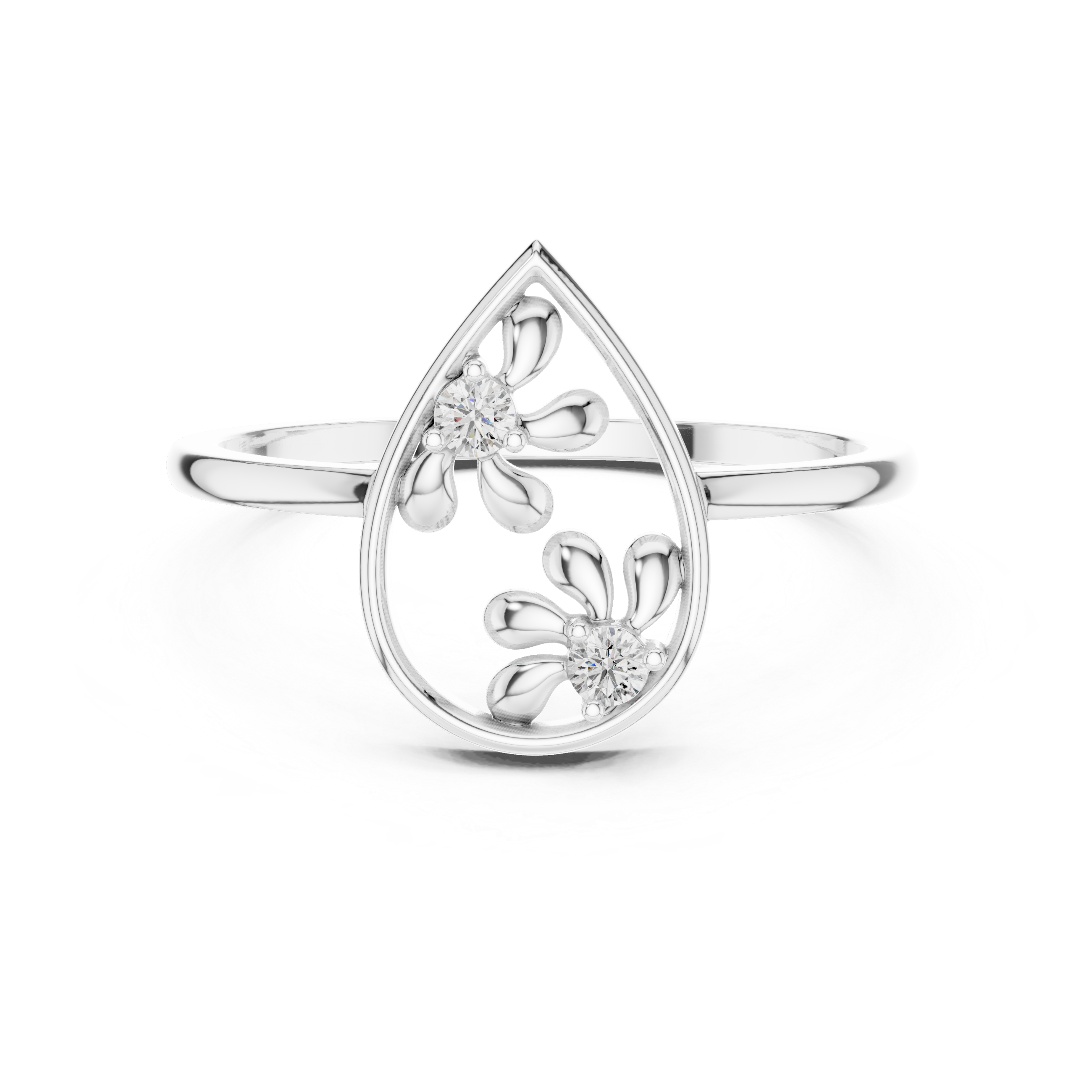 Diamond Floral Teardrop Ring – Open Pear Shape Nature Inspired Statement Ring