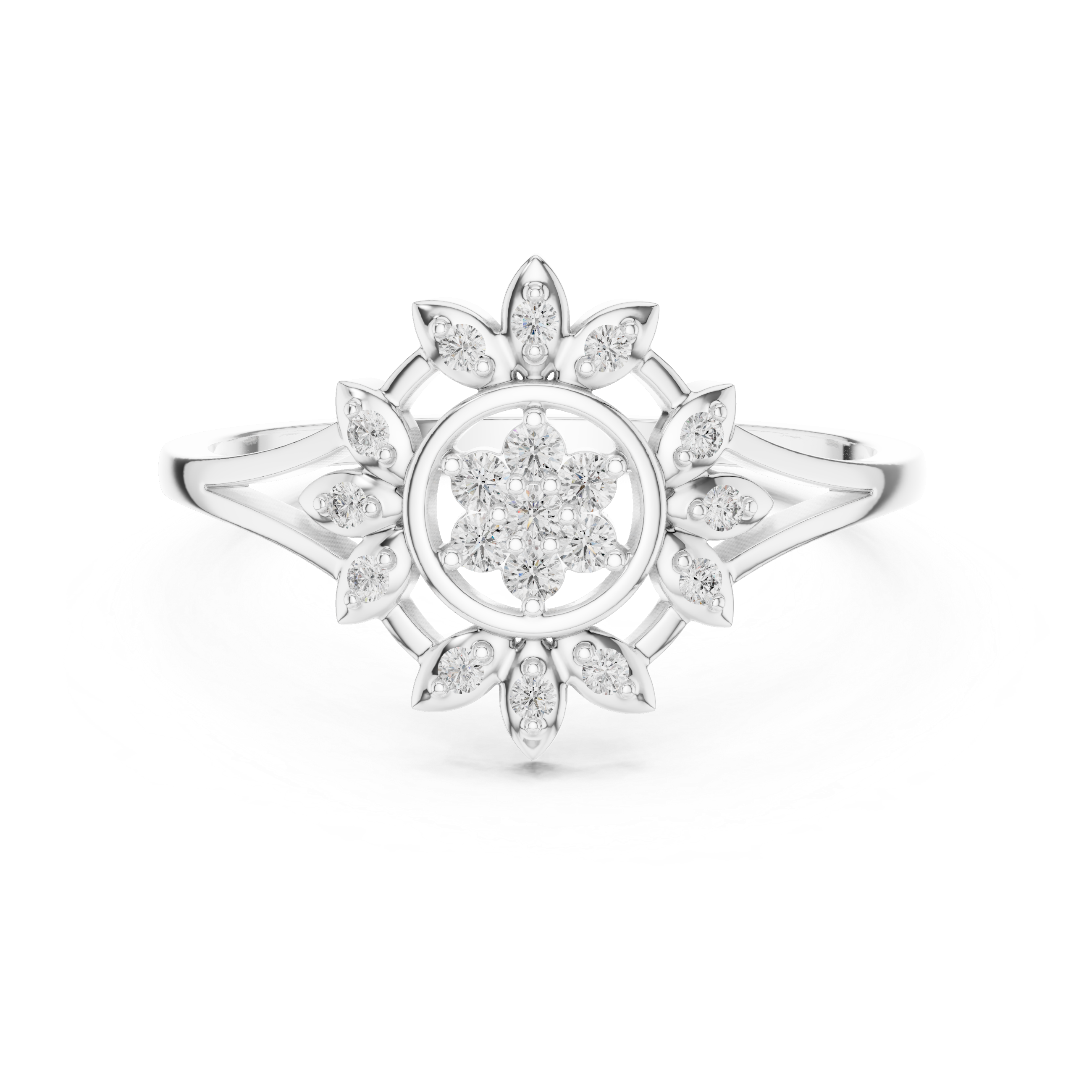 Sunburst Floral Diamond Ring with Split Shank Design