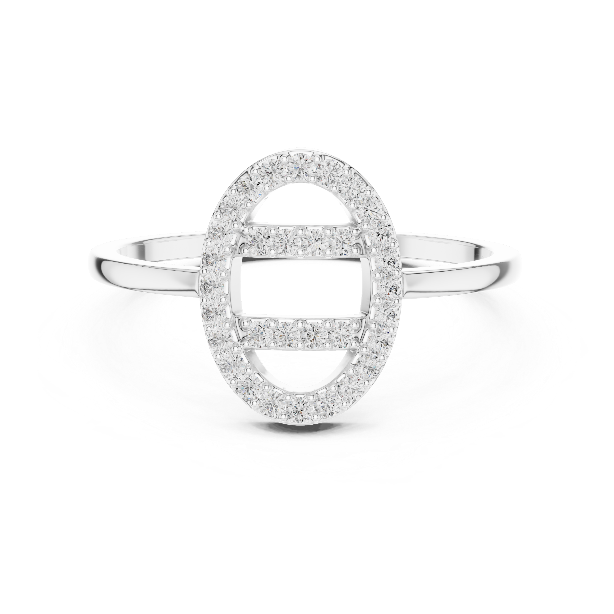 Oval Halo Diamond Ring – Open Center Double Bar Pavé Statement Ring