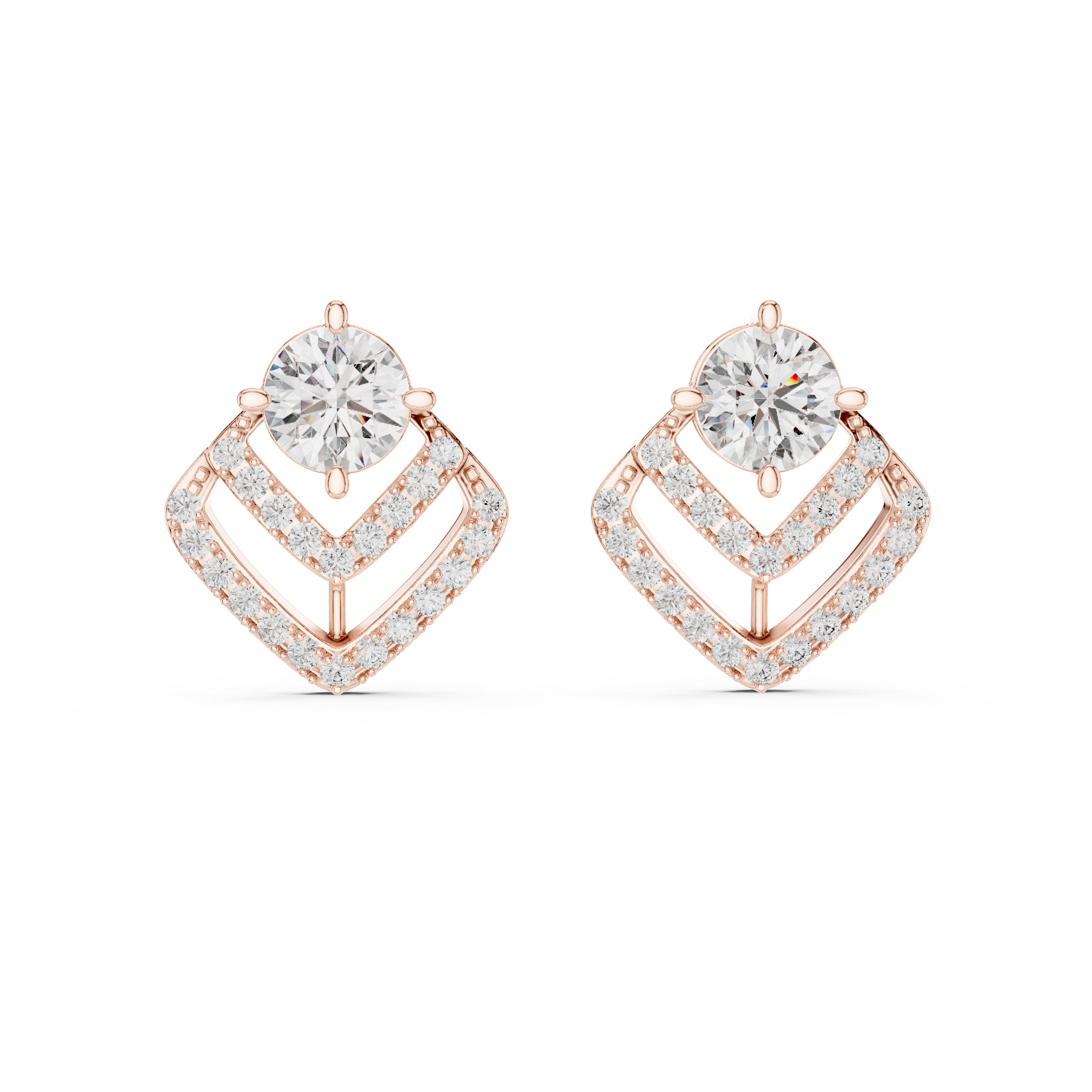 Geometric Double Chevron Diamond Stud Earrings – Modern Halo Design