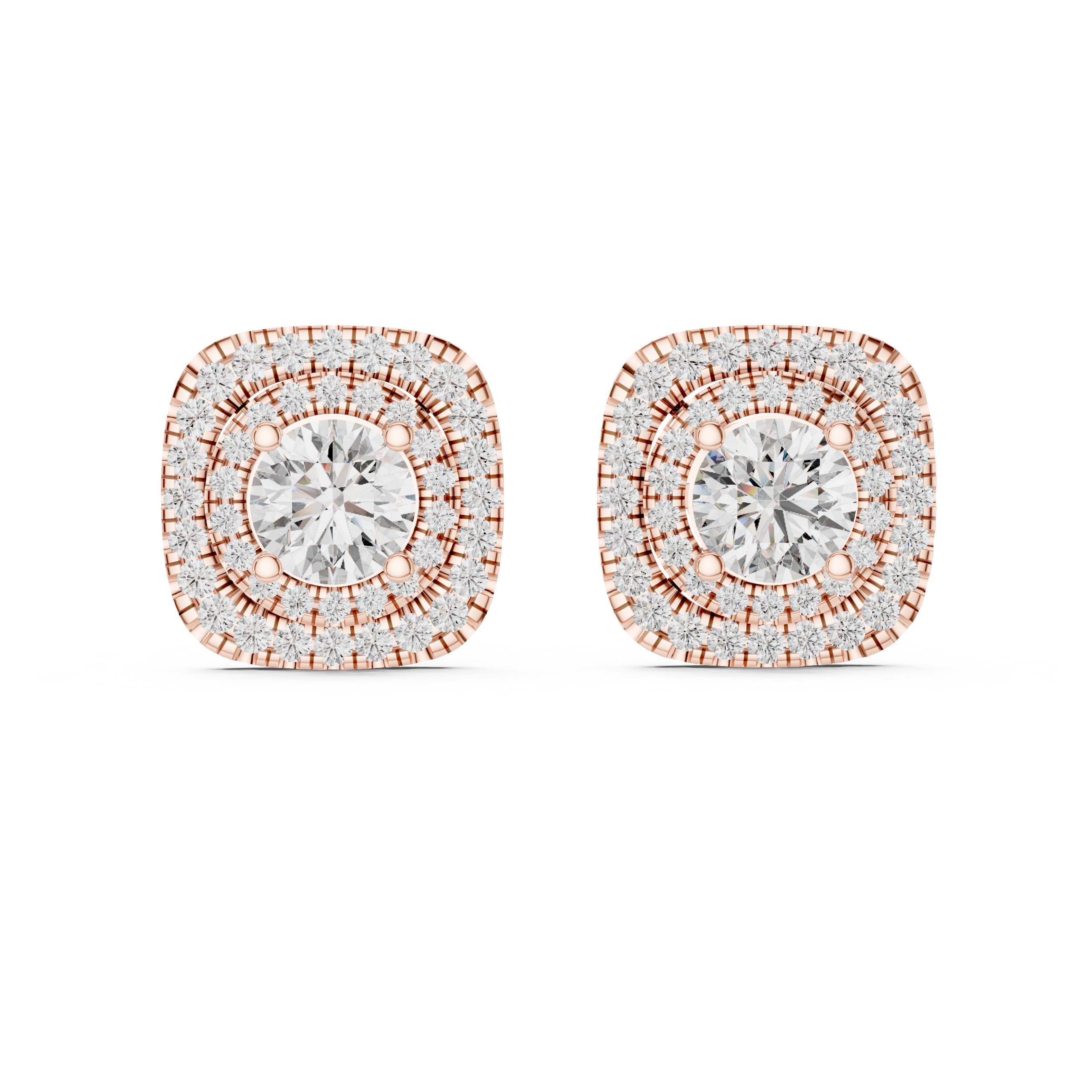 Double Halo Diamond Stud Earrings – Cushion Shape Elegant Design