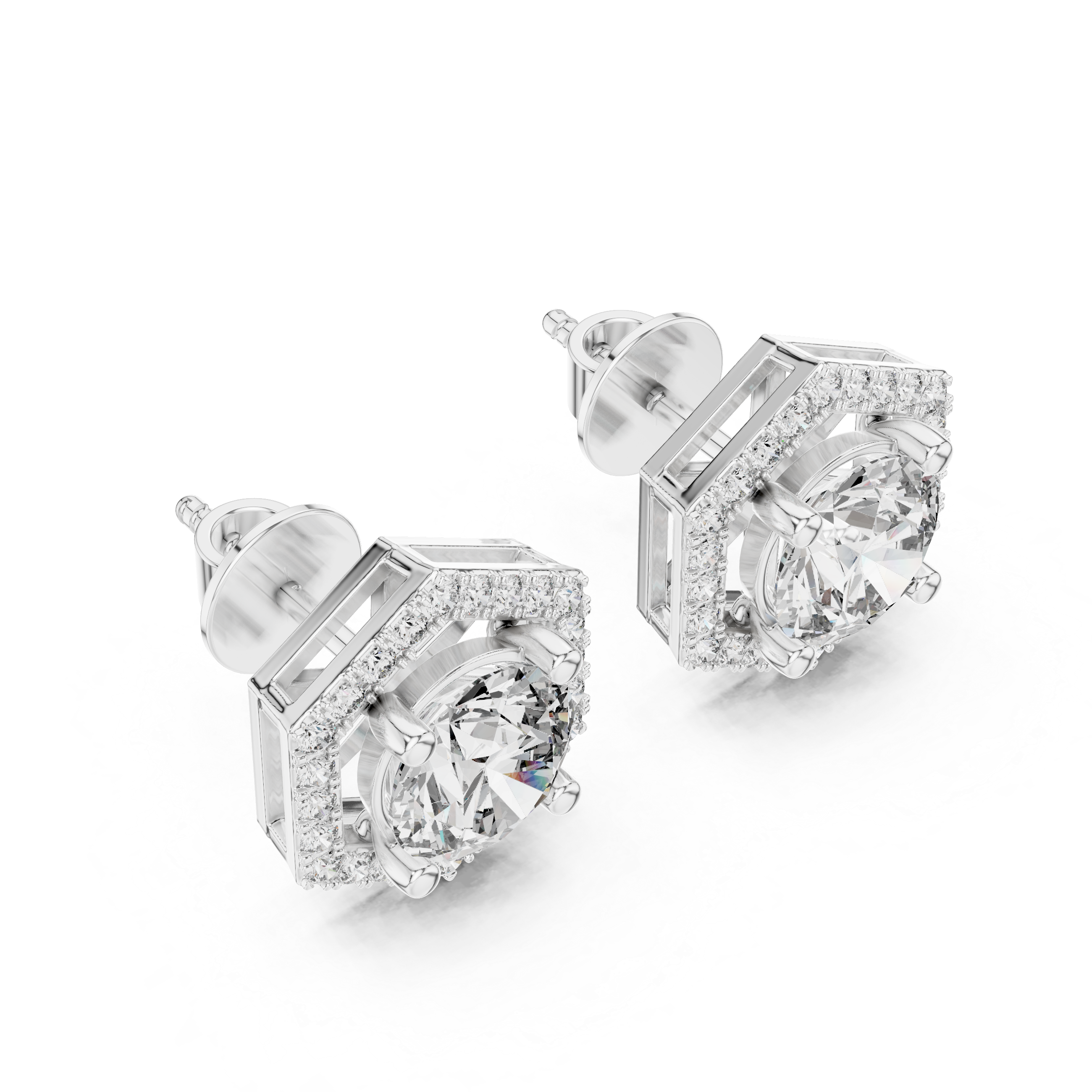 Hexagon Halo Diamond Stud Earrings