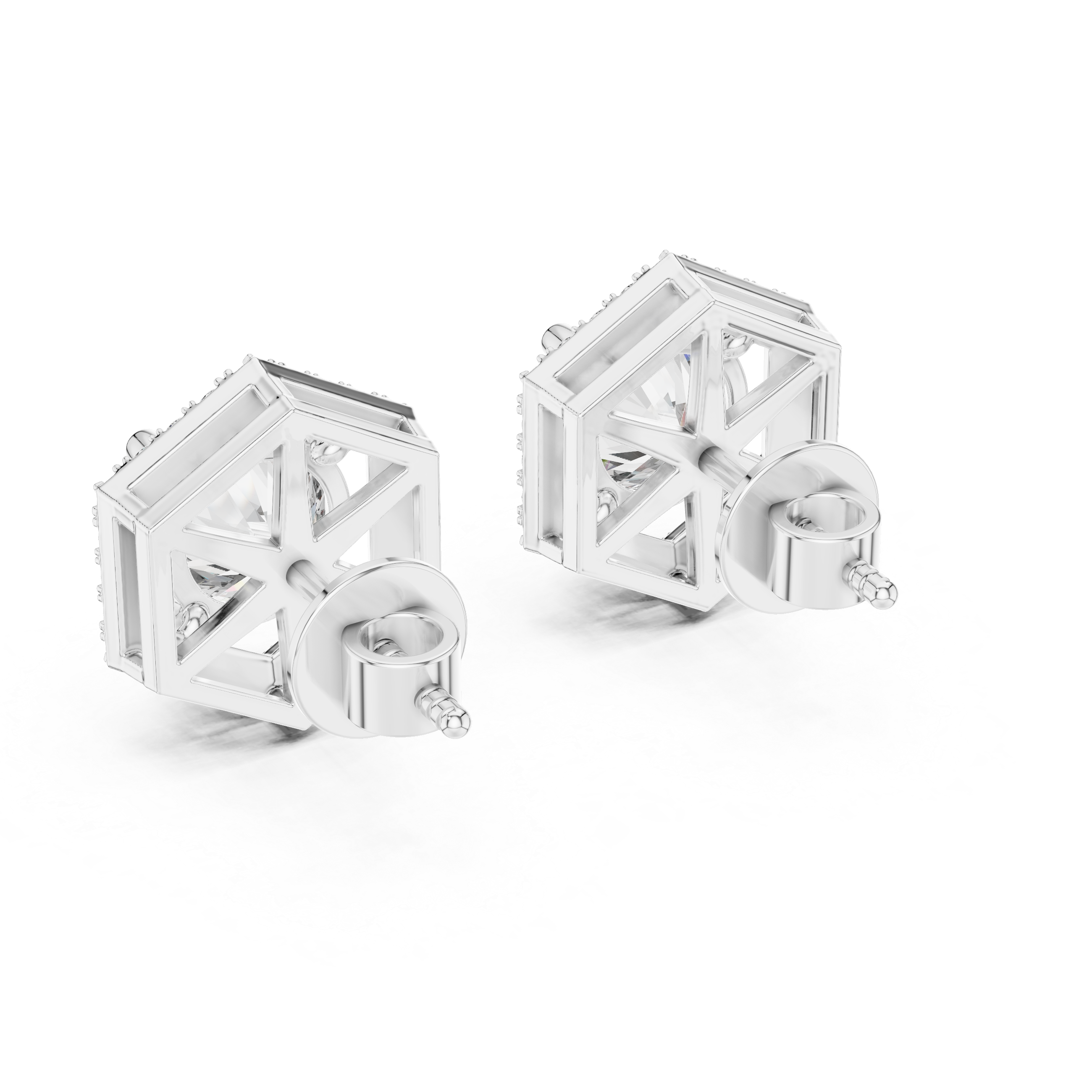 Hexagon Halo Diamond Stud Earrings