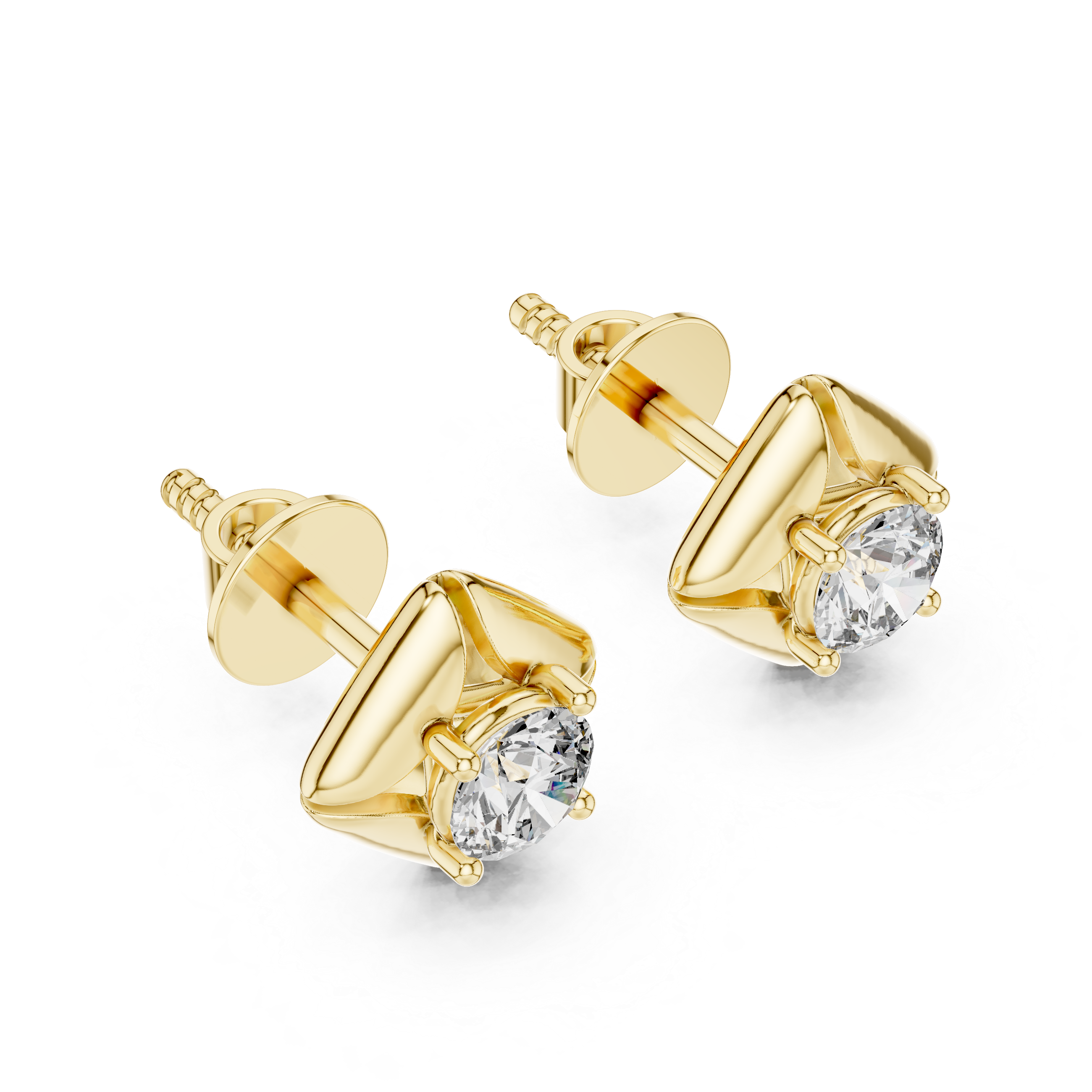Geometric Floral Round Diamond Stud Earrings in Sculpted Square Frame