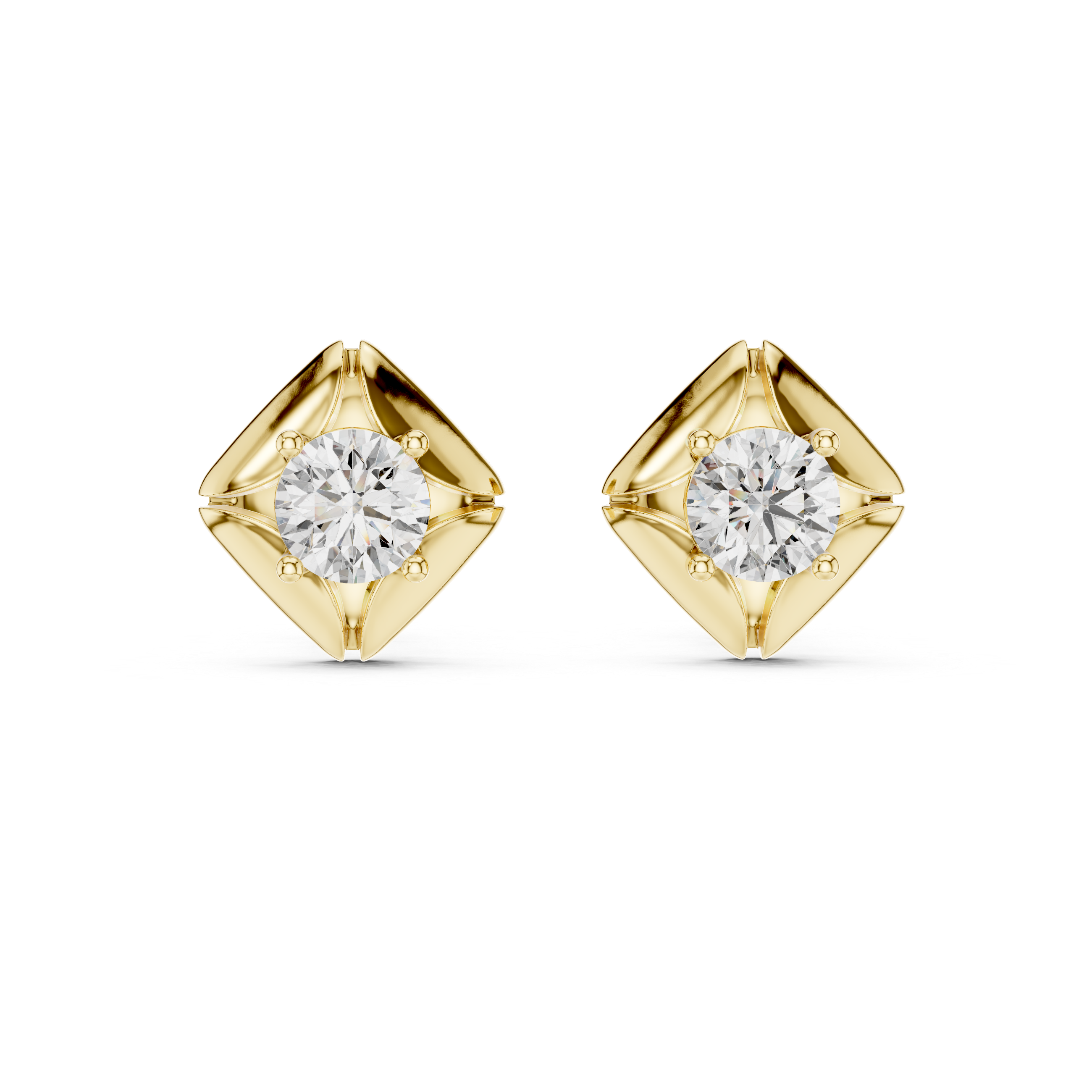 Geometric Floral Round Diamond Stud Earrings in Sculpted Square Frame