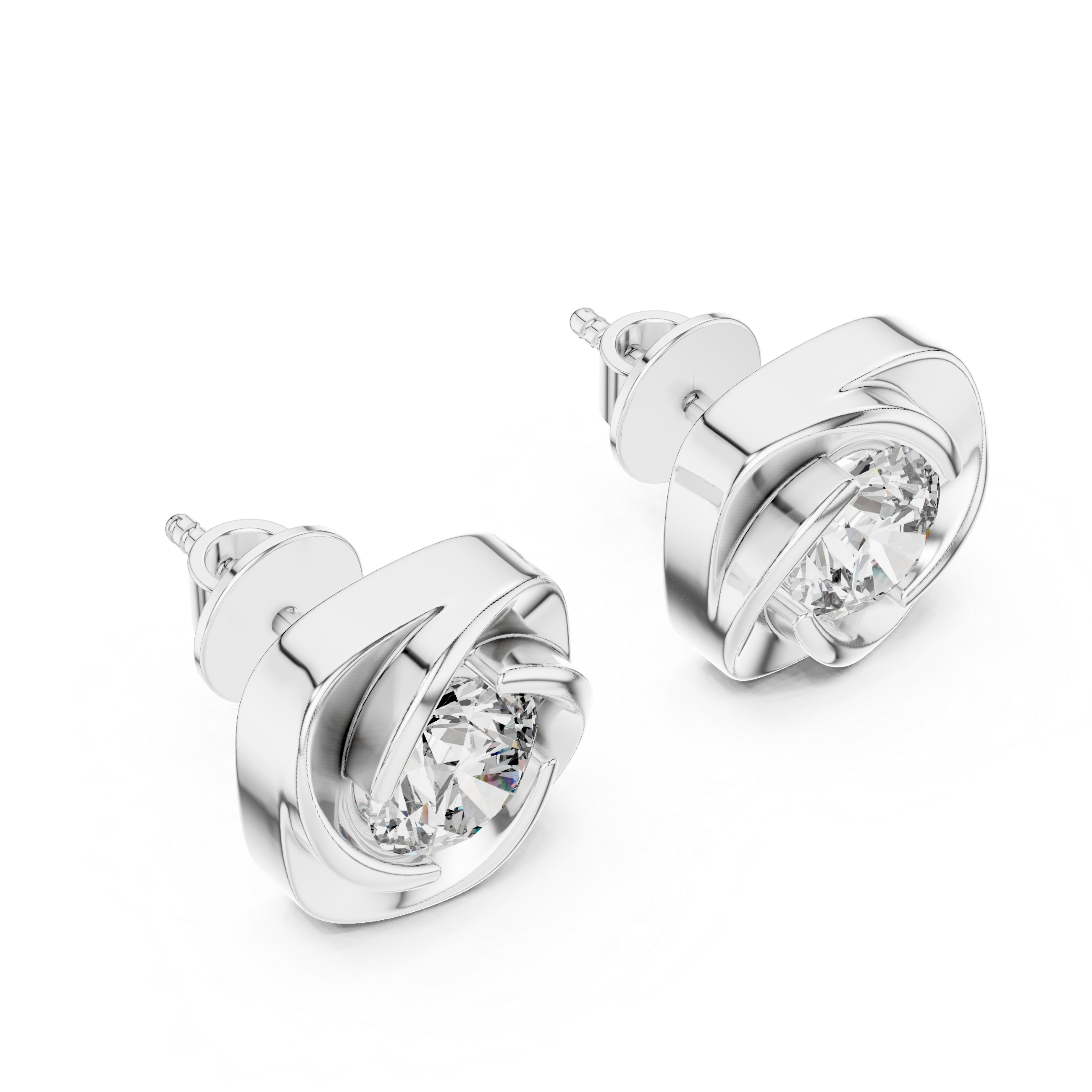 Modern Swirl Round Diamond Stud Earrings in Sculpted Cushion Frame