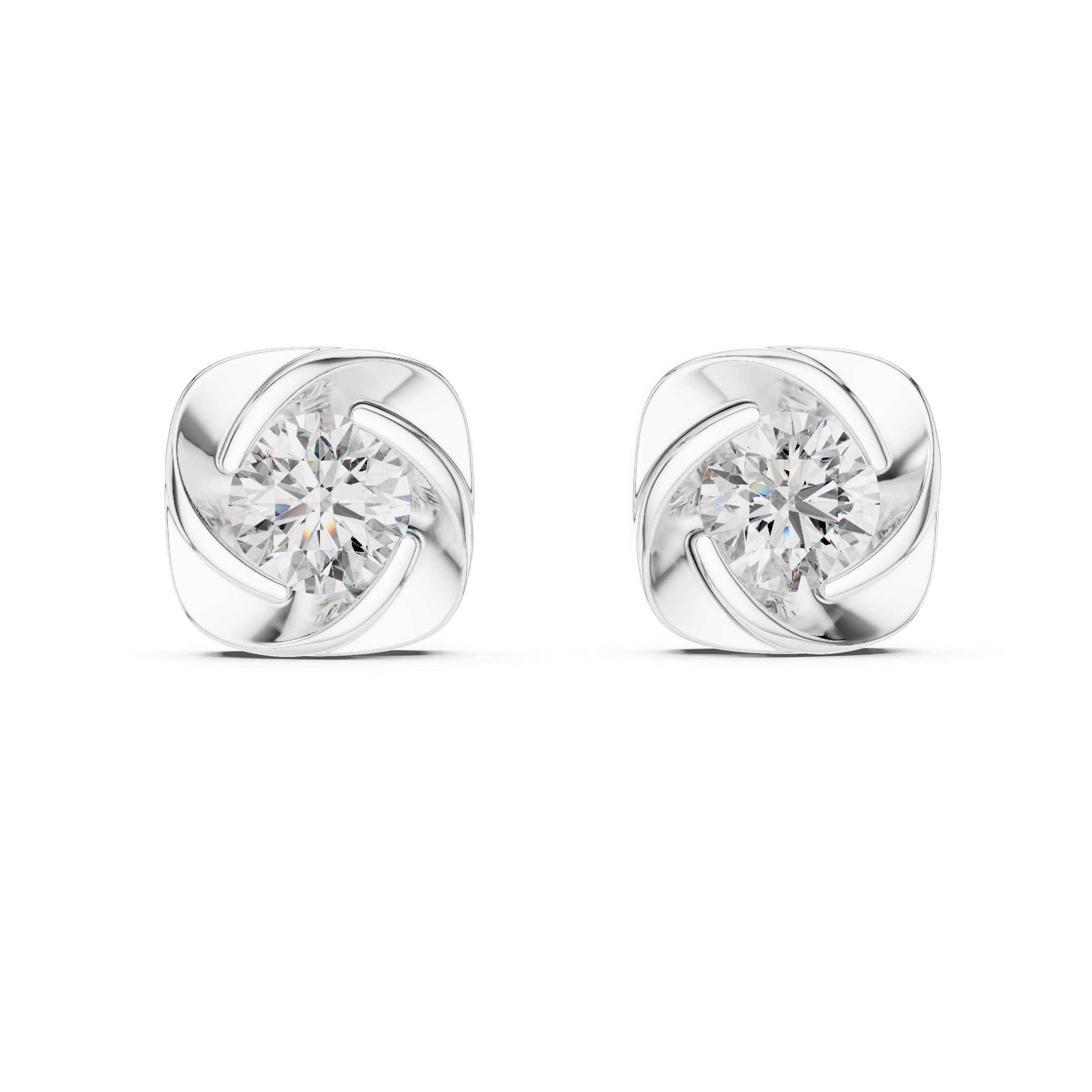 Modern Swirl Round Diamond Stud Earrings in Sculpted Cushion Frame