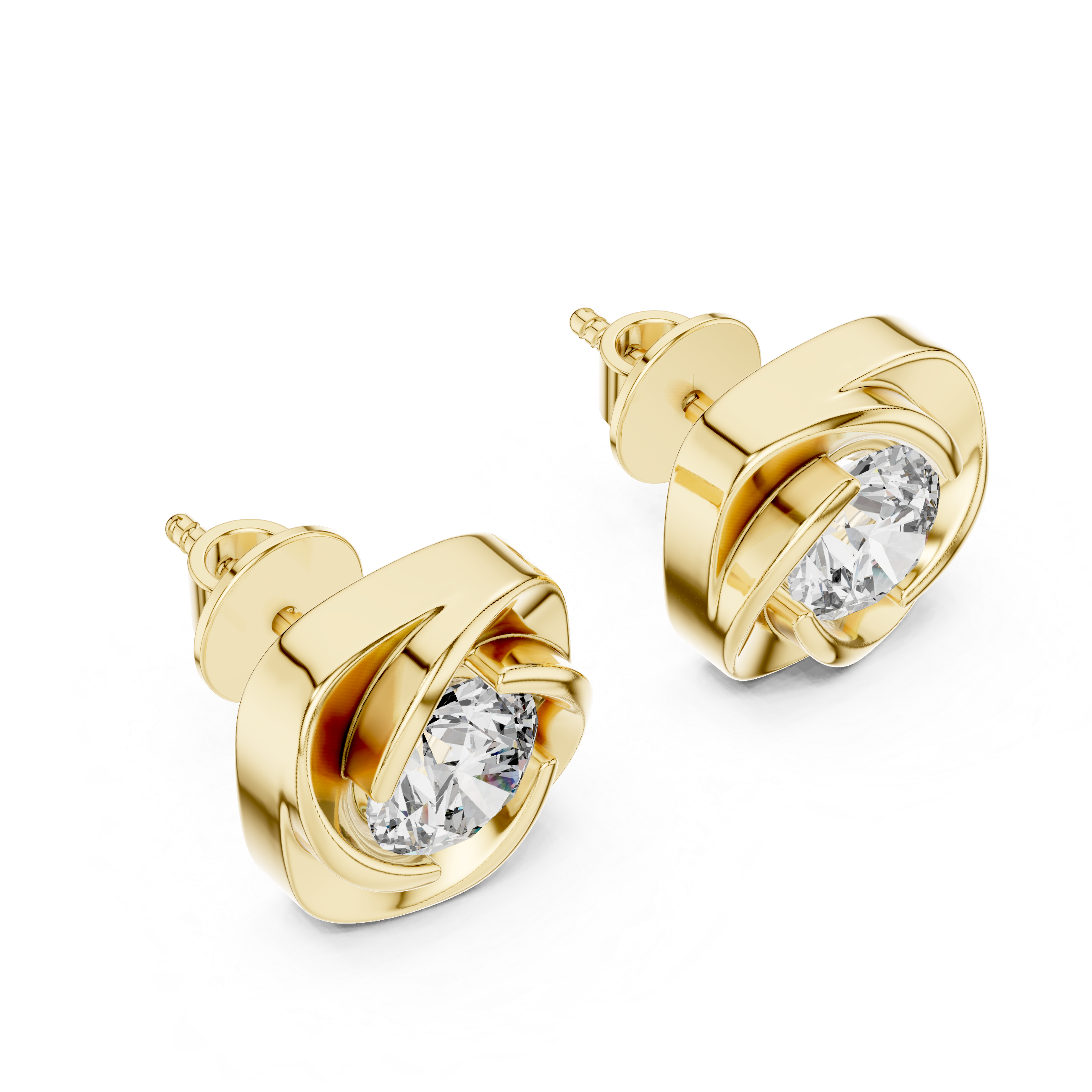 Modern Swirl Round Diamond Stud Earrings in Sculpted Cushion Frame