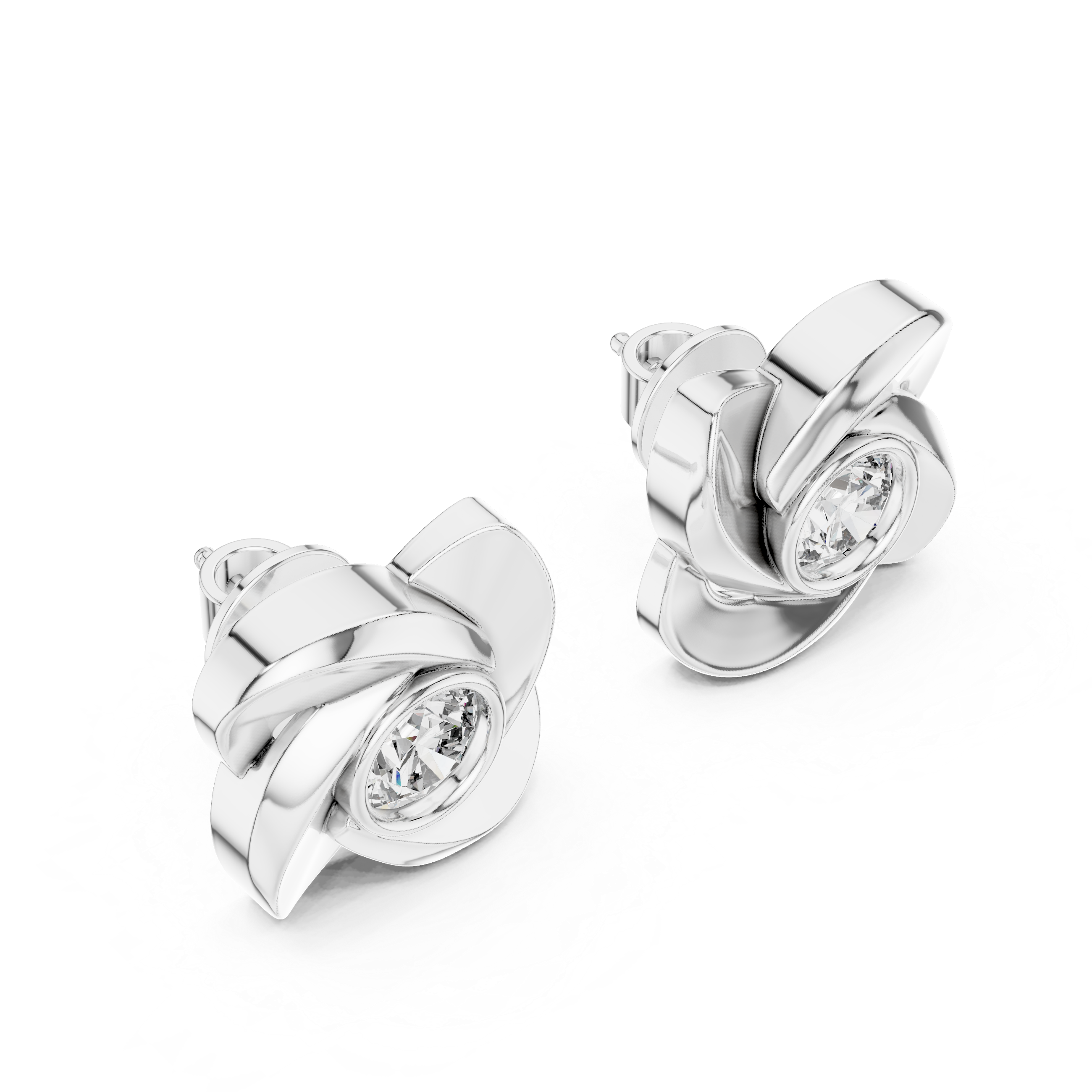 Floral Twist Round Diamond Stud Earrings in Modern Sculpted Setting
