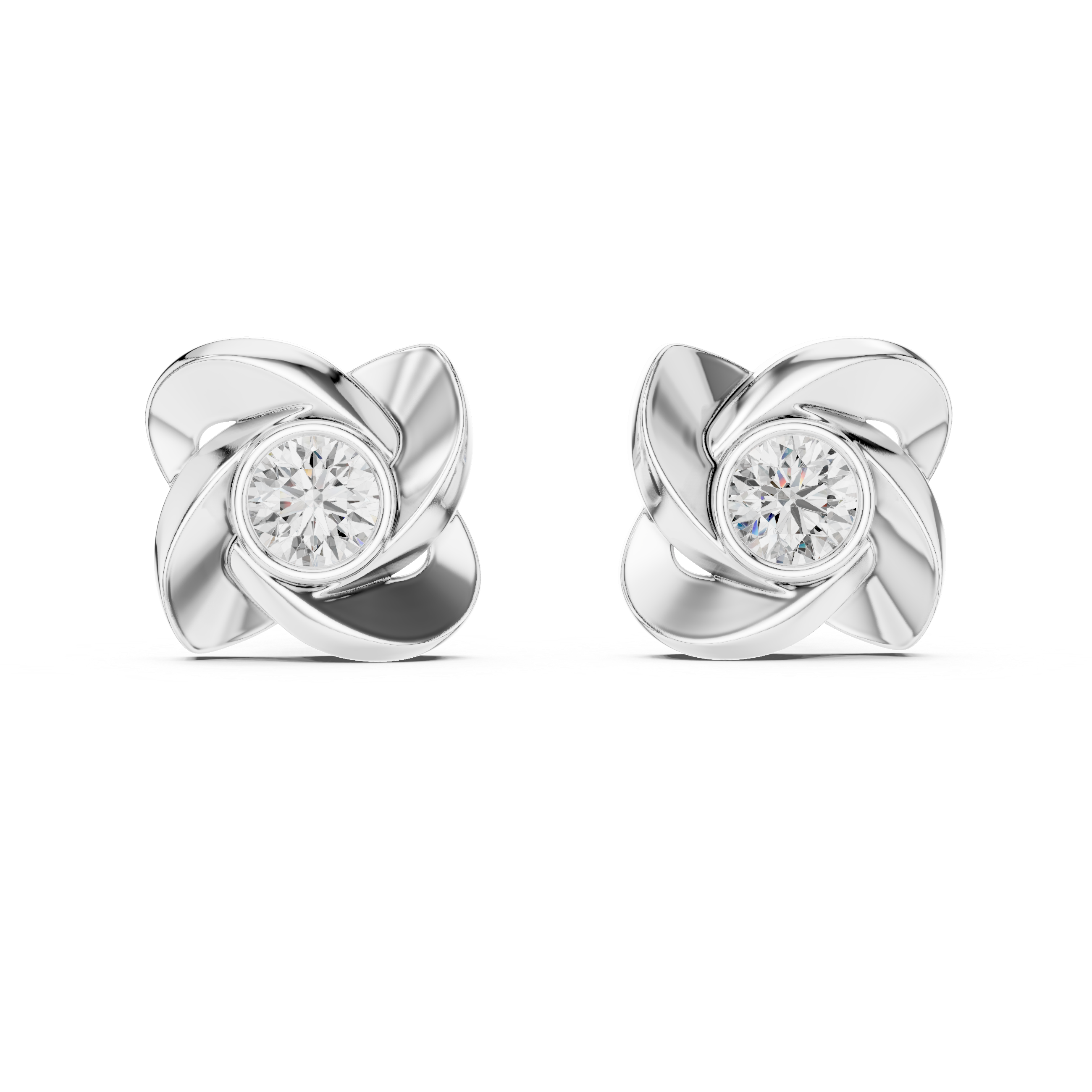 Floral Twist Round Diamond Stud Earrings in Modern Sculpted Setting