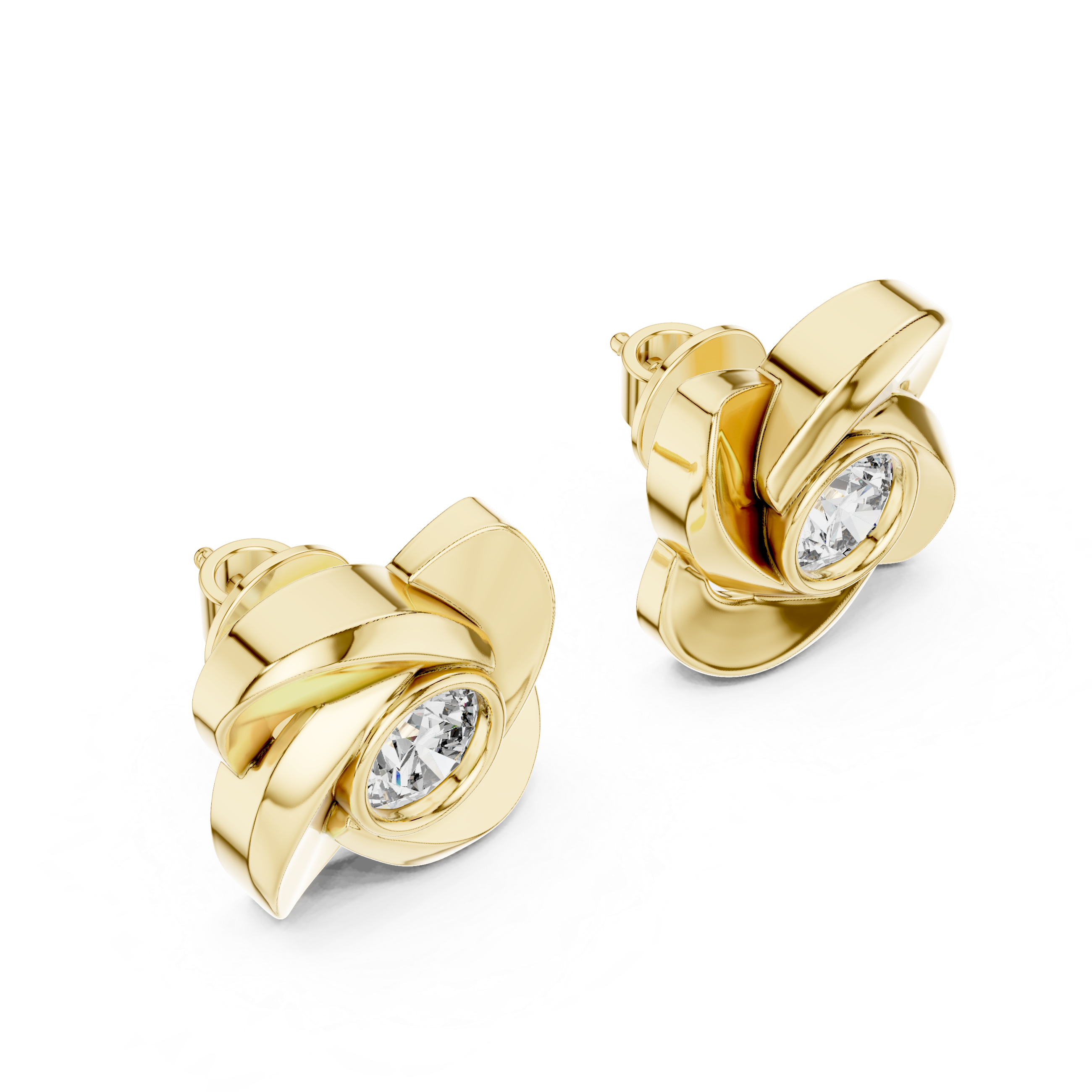 Floral Twist Round Diamond Stud Earrings in Modern Sculpted Setting
