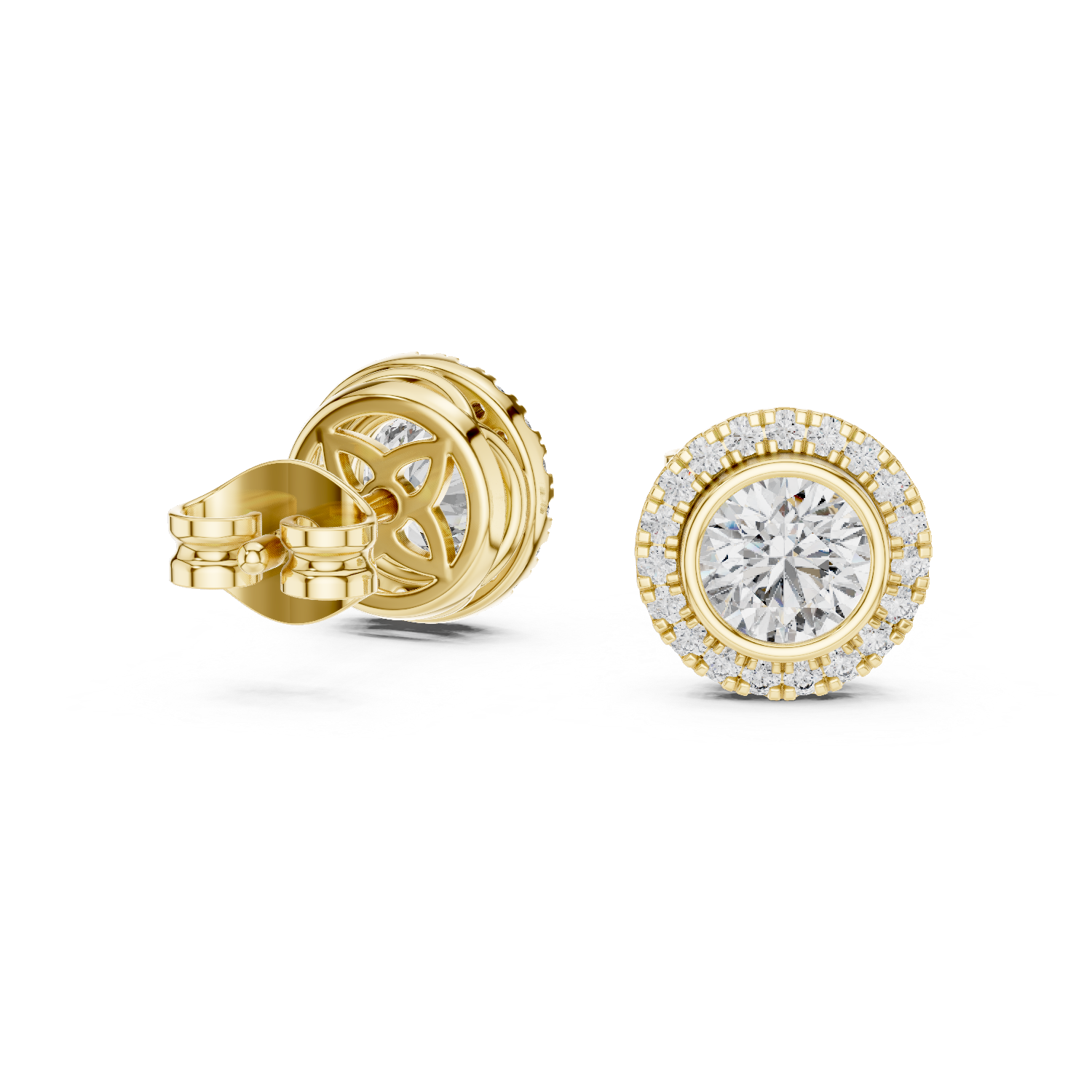 Round Bezel Halo Stud Earrings – Classic Diamond Circle Design