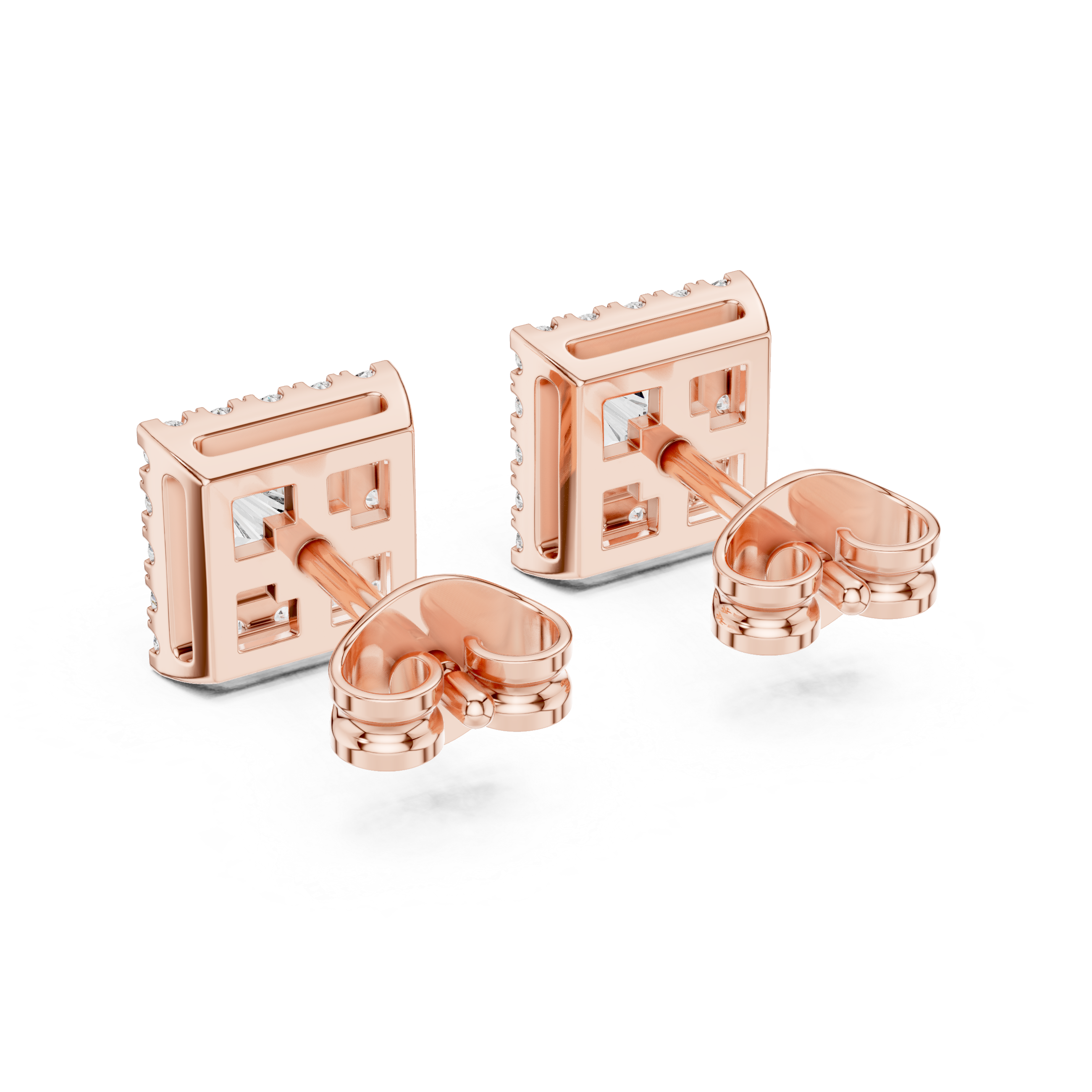 Princess Cut Halo Stud Earrings – Square Diamond Frame Design
