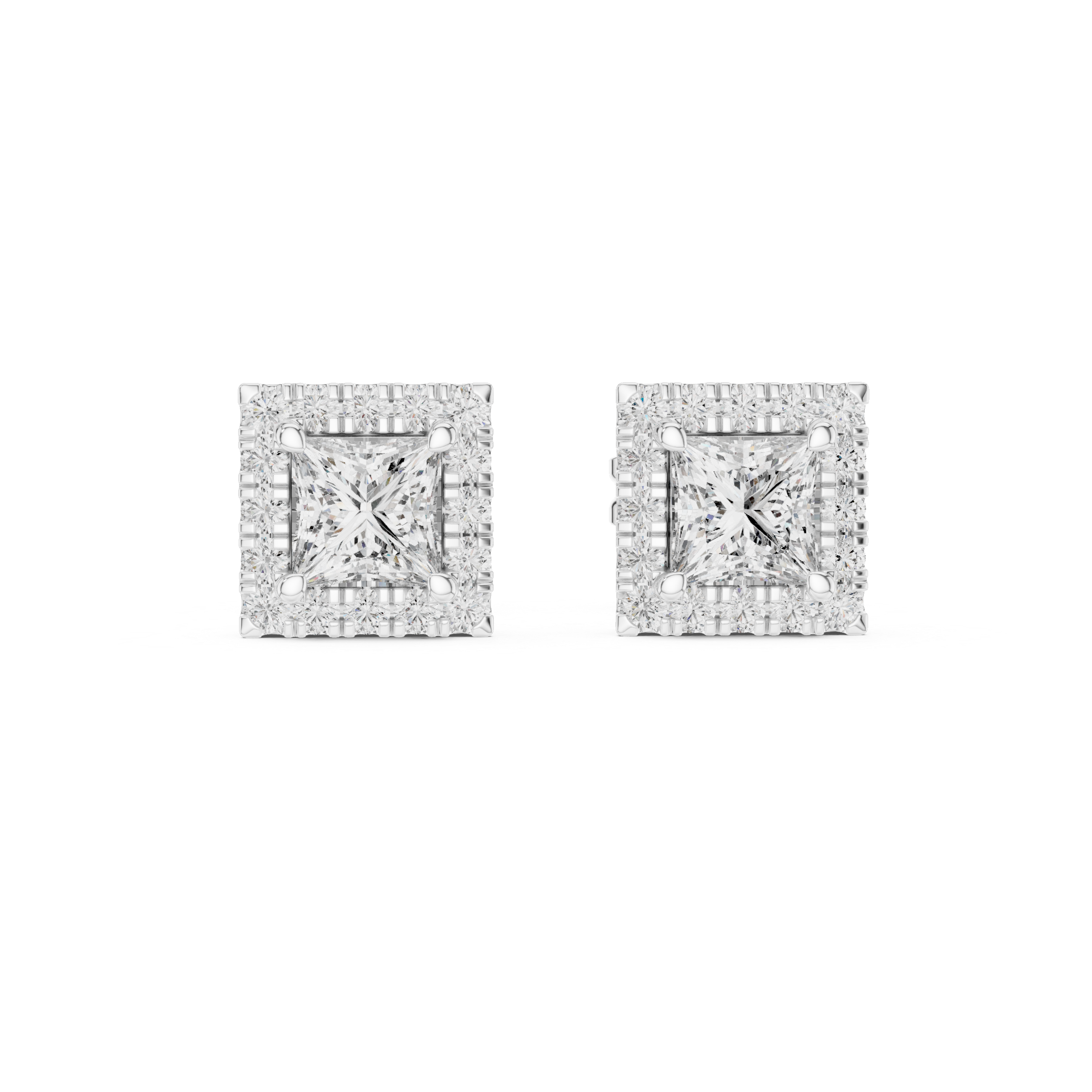 Princess Cut Halo Stud Earrings – Square Diamond Frame Design