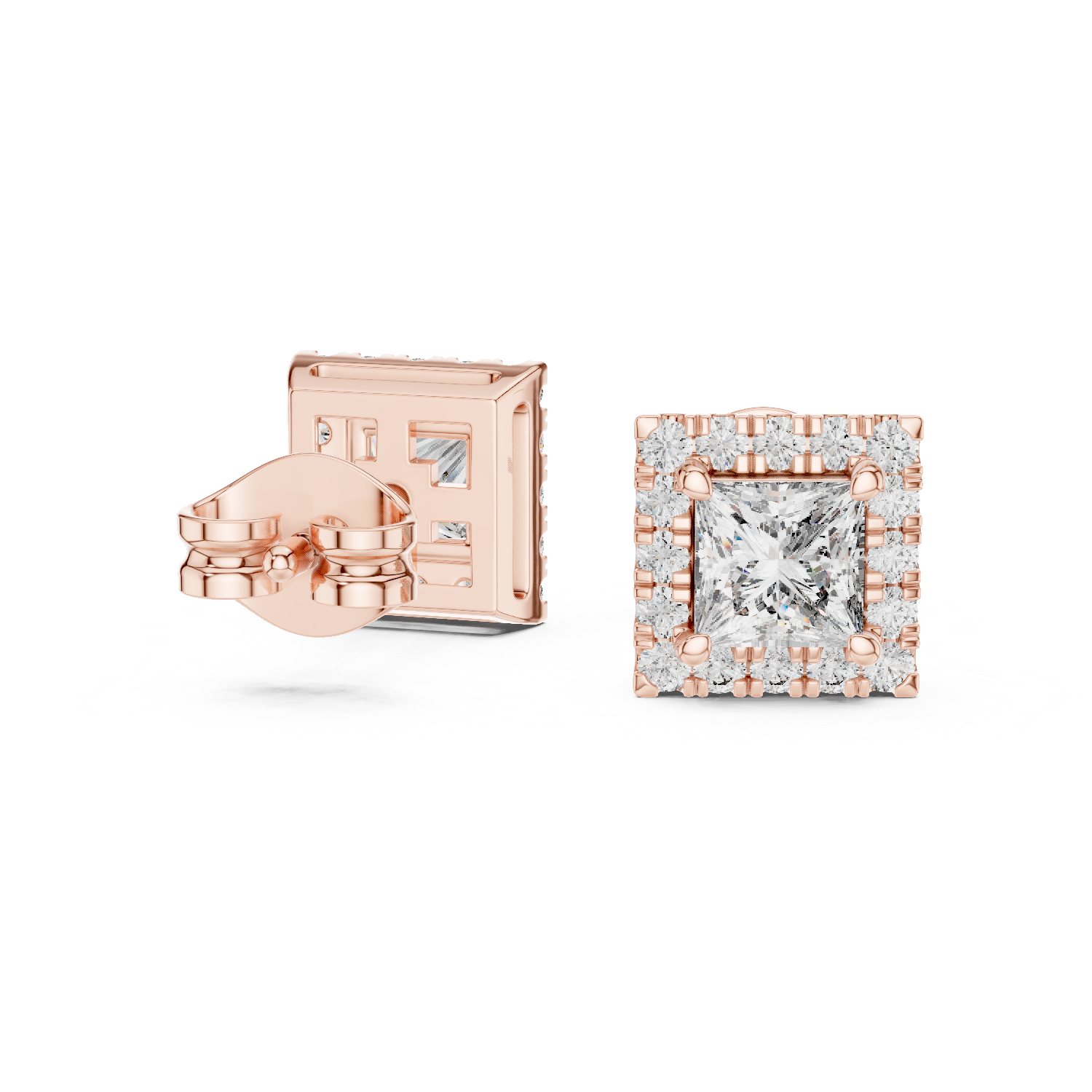 Princess Cut Halo Stud Earrings – Square Diamond Frame Design