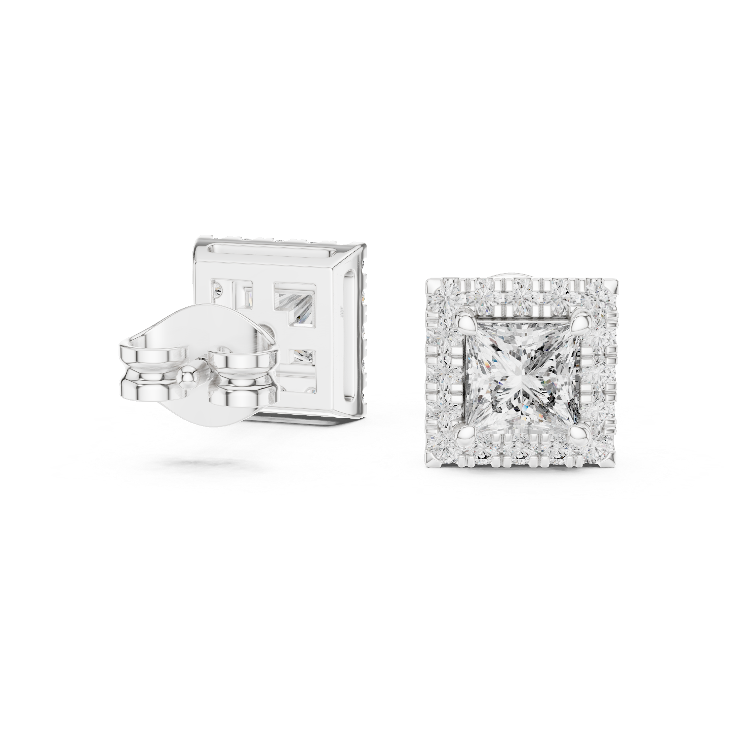 Princess Cut Halo Stud Earrings – Square Diamond Frame Design