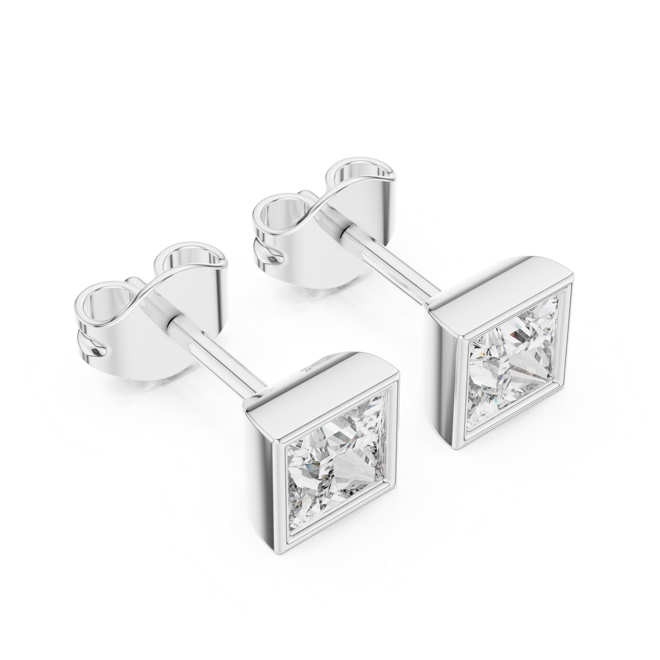 Princess Cut Bezel Set Stud Earrings – Minimal Square Diamond Design