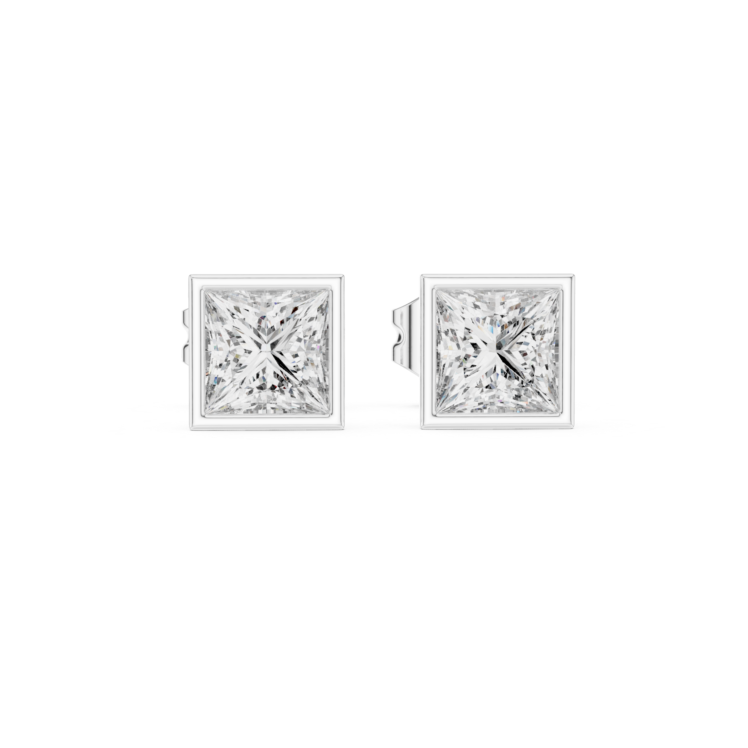 Princess Cut Bezel Set Stud Earrings – Minimal Square Diamond Design