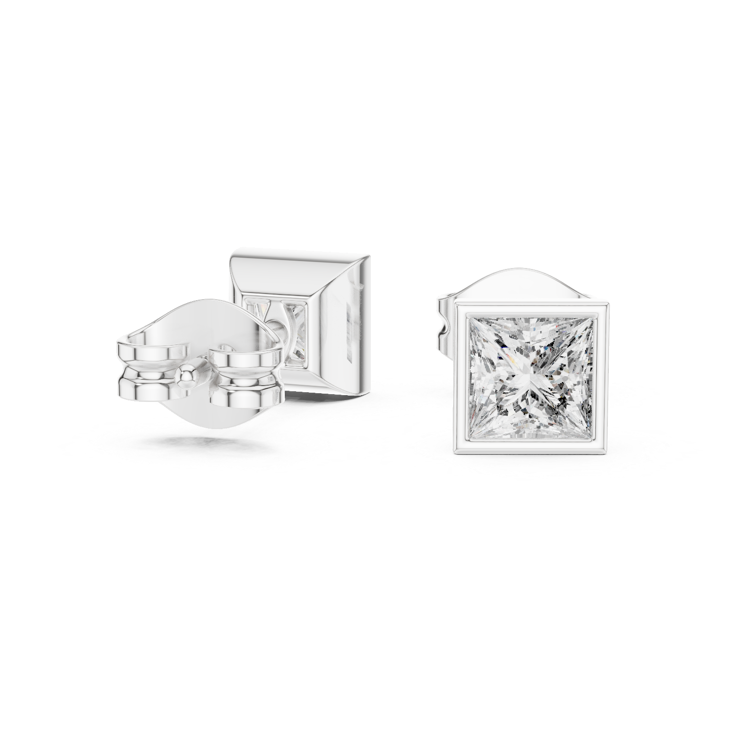 Princess Cut Bezel Set Stud Earrings – Minimal Square Diamond Design