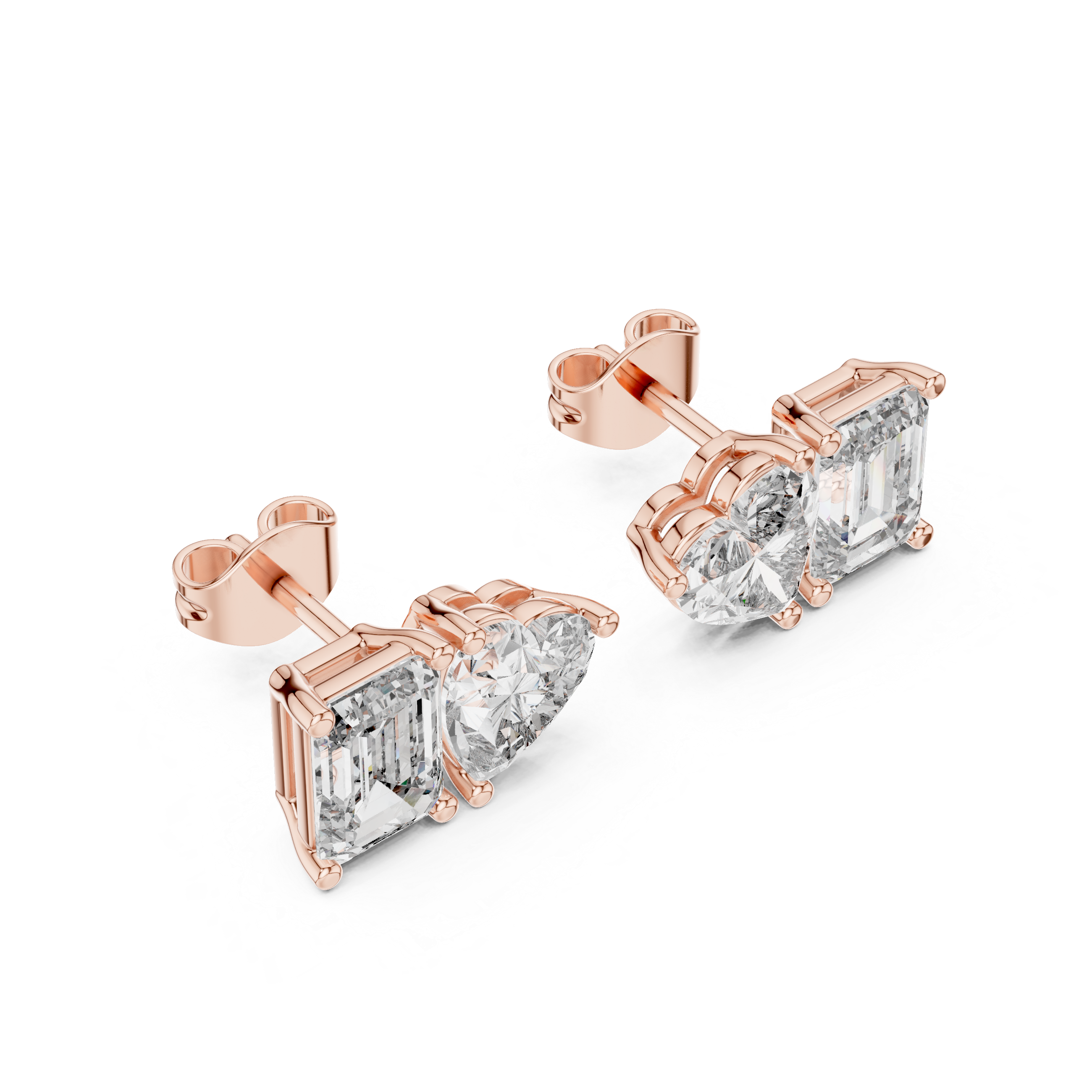 Emerald & Heart Cut Diamond Stud Earrings – Modern Two-Stone Design