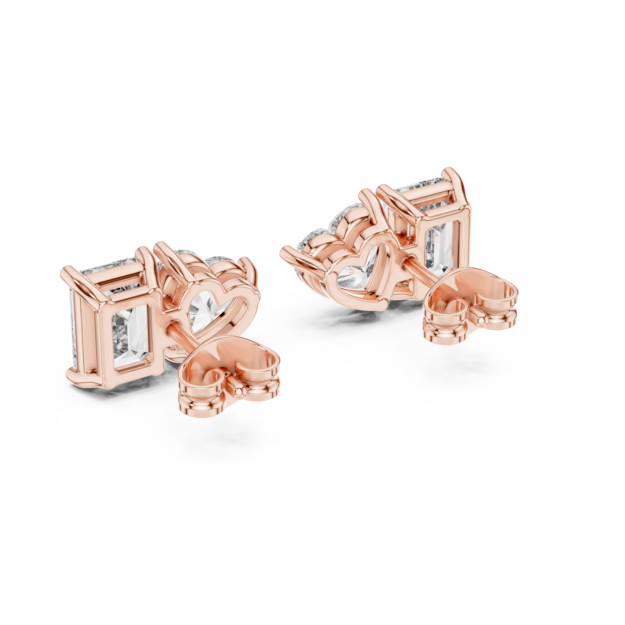 Emerald & Heart Cut Diamond Stud Earrings – Modern Two-Stone Design