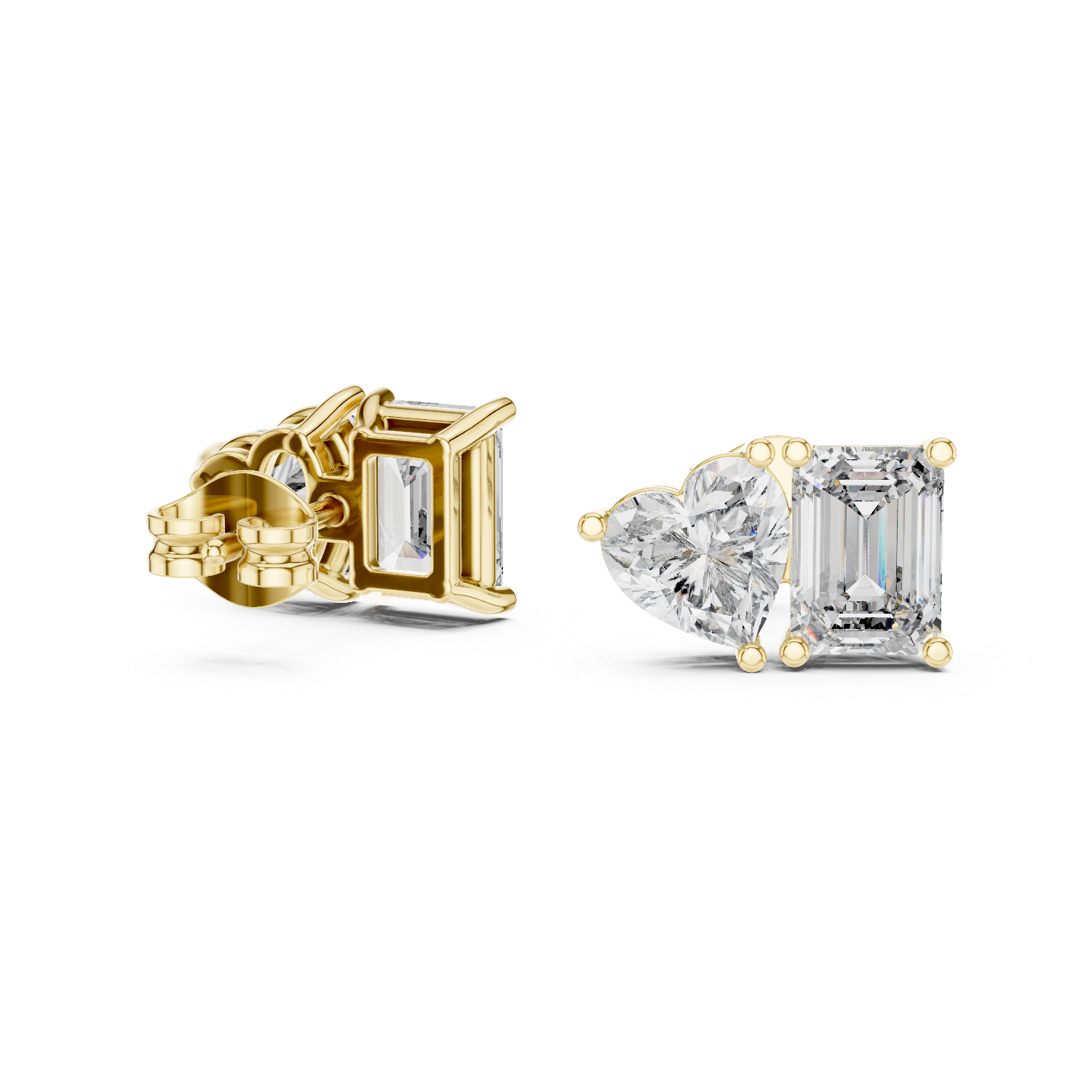 Emerald & Heart Cut Diamond Stud Earrings – Modern Two-Stone Design