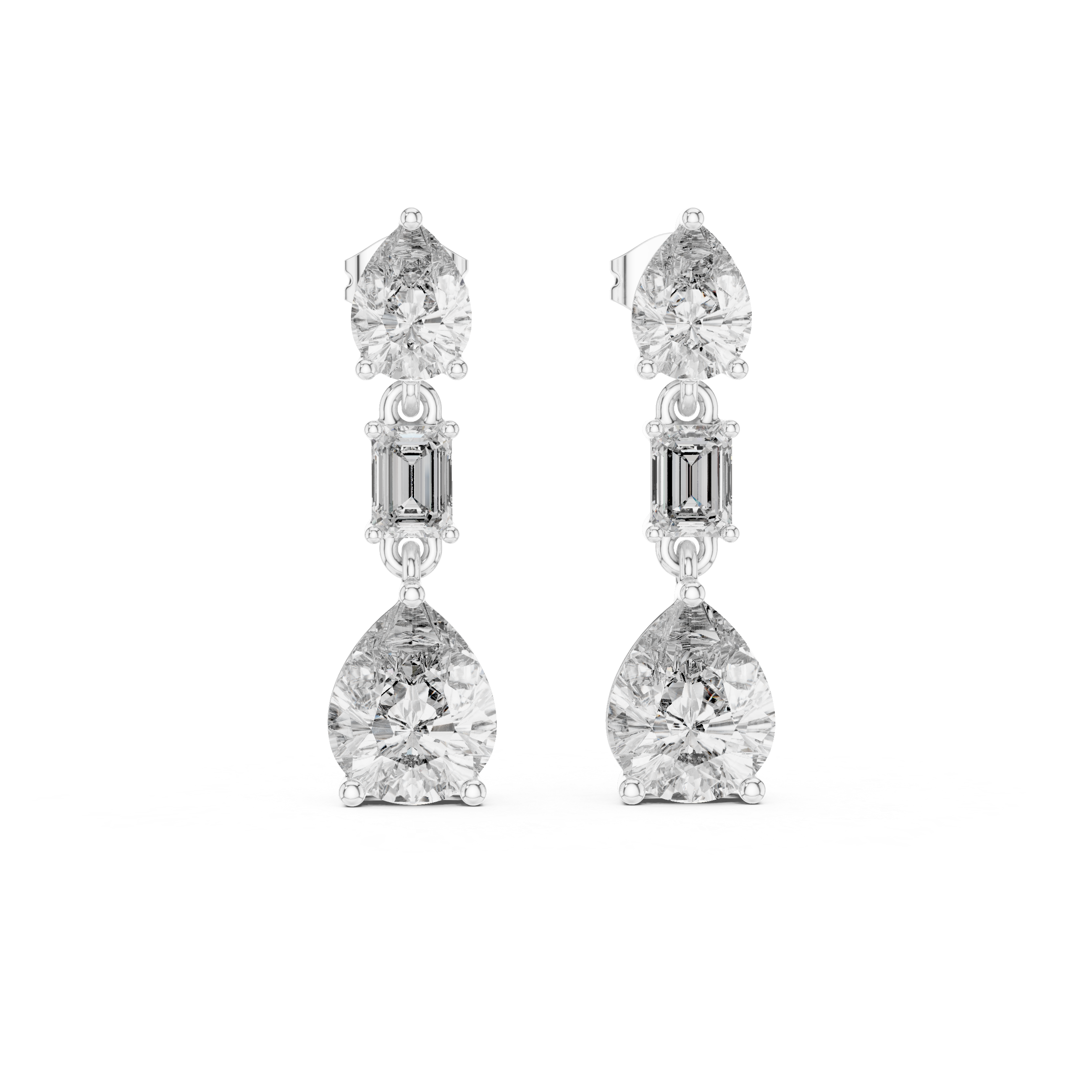 Pear & Emerald Cut Three-Stone Drop Diamond Earrings