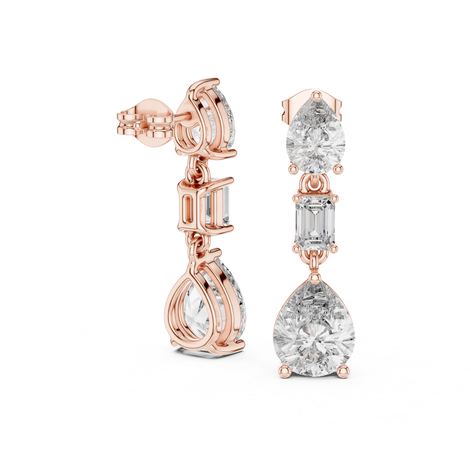 Pear & Emerald Cut Three-Stone Drop Diamond Earrings