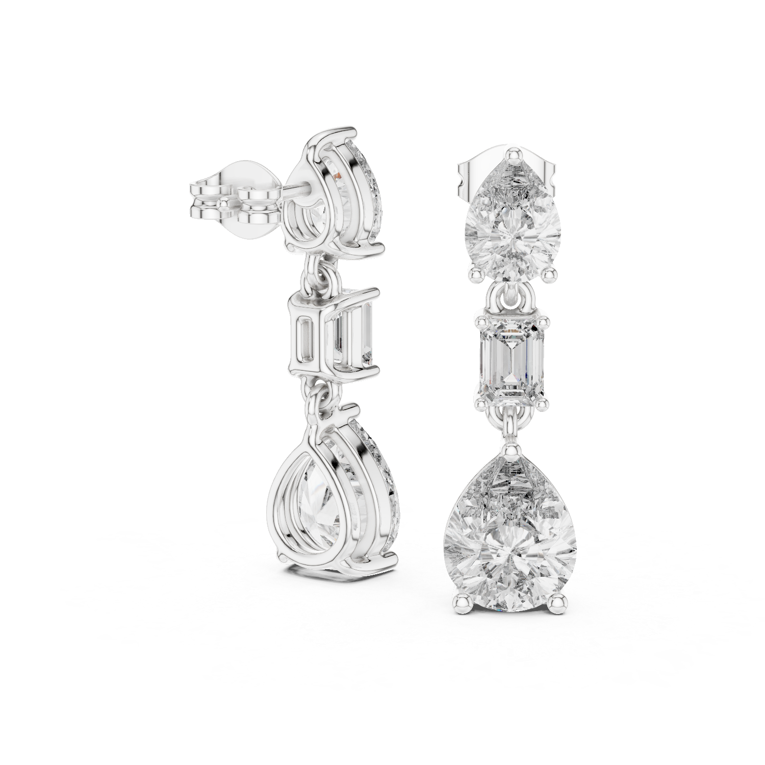 Pear & Emerald Cut Three-Stone Drop Diamond Earrings