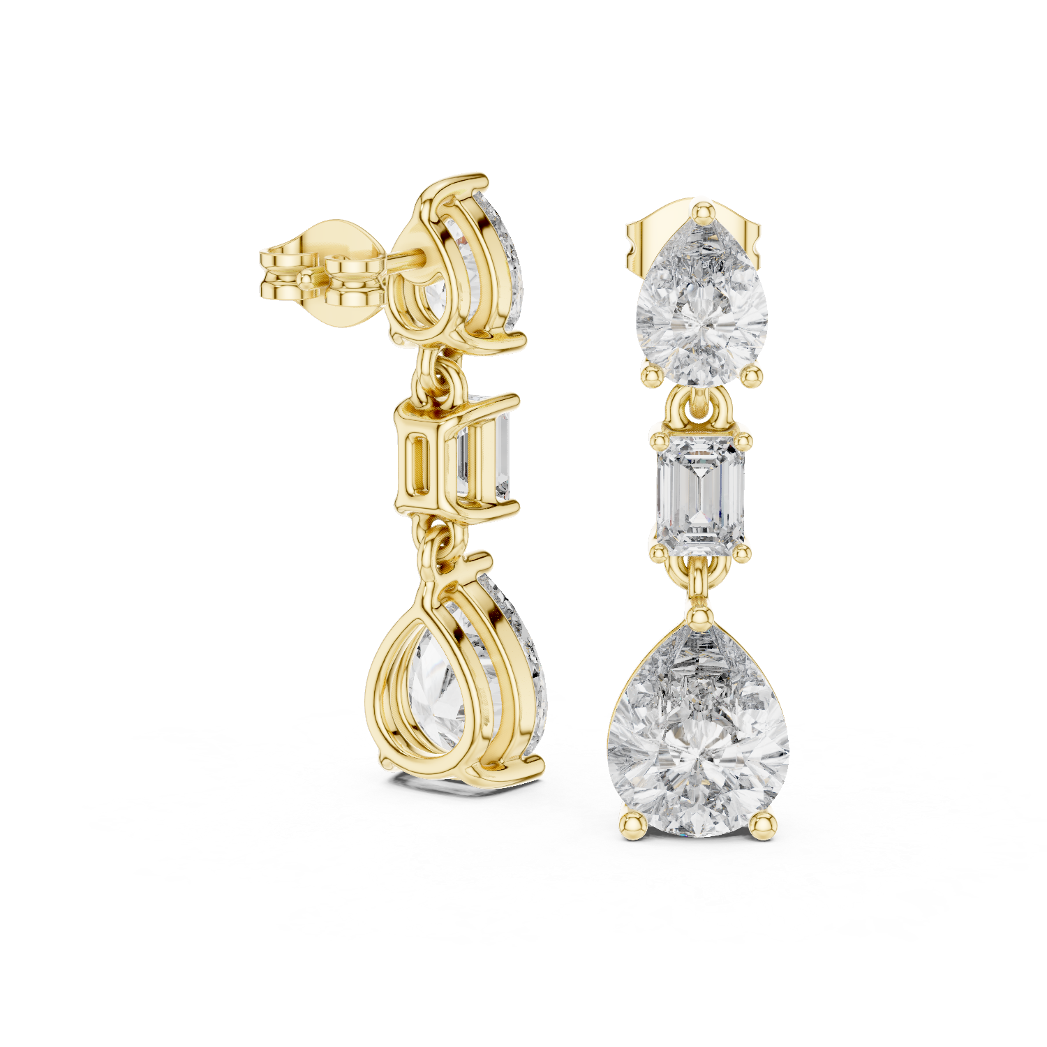 Pear & Emerald Cut Three-Stone Drop Diamond Earrings