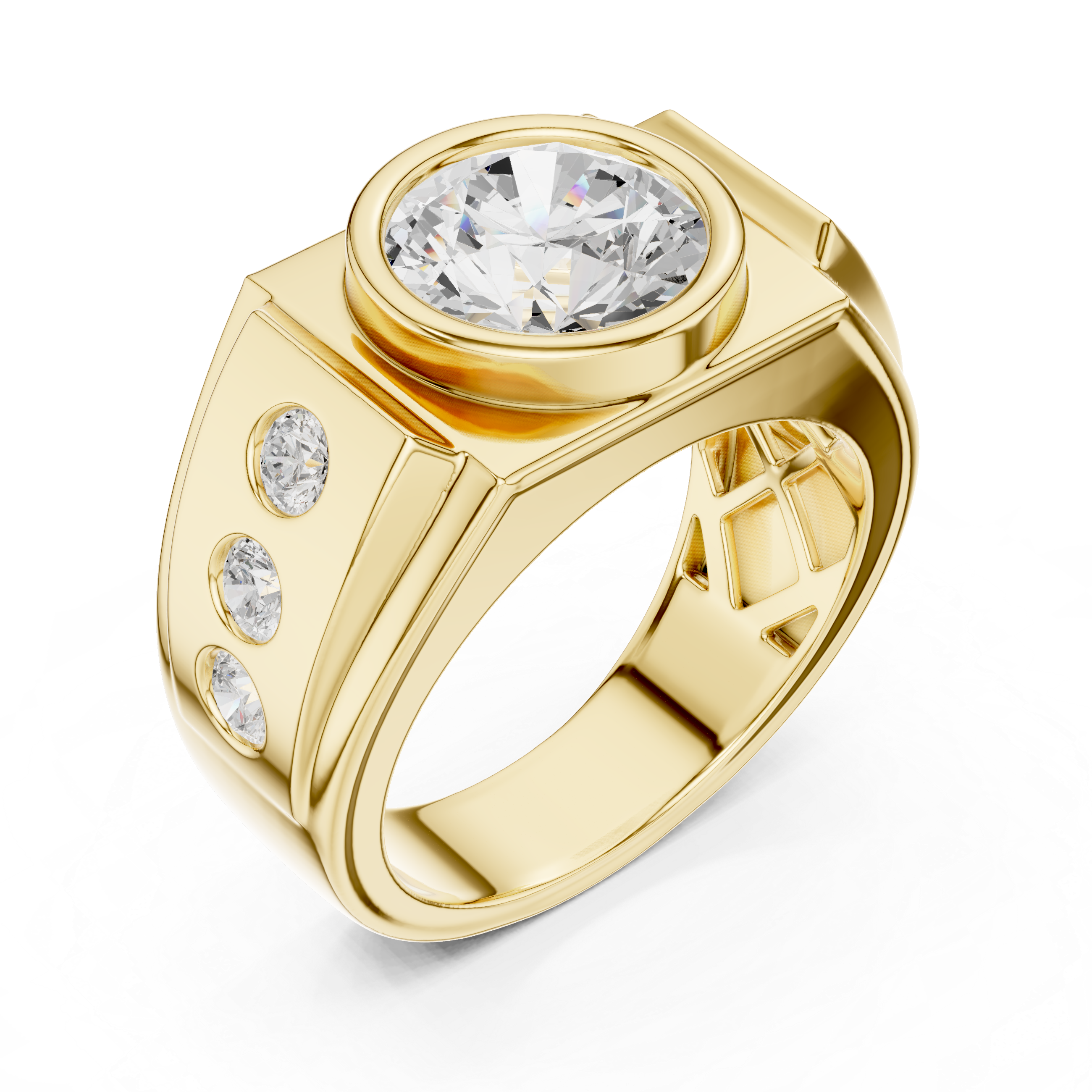 Round Brilliant Diamond Men's Signet Ring – Bezel Set Statement Ring with Side Diamonds