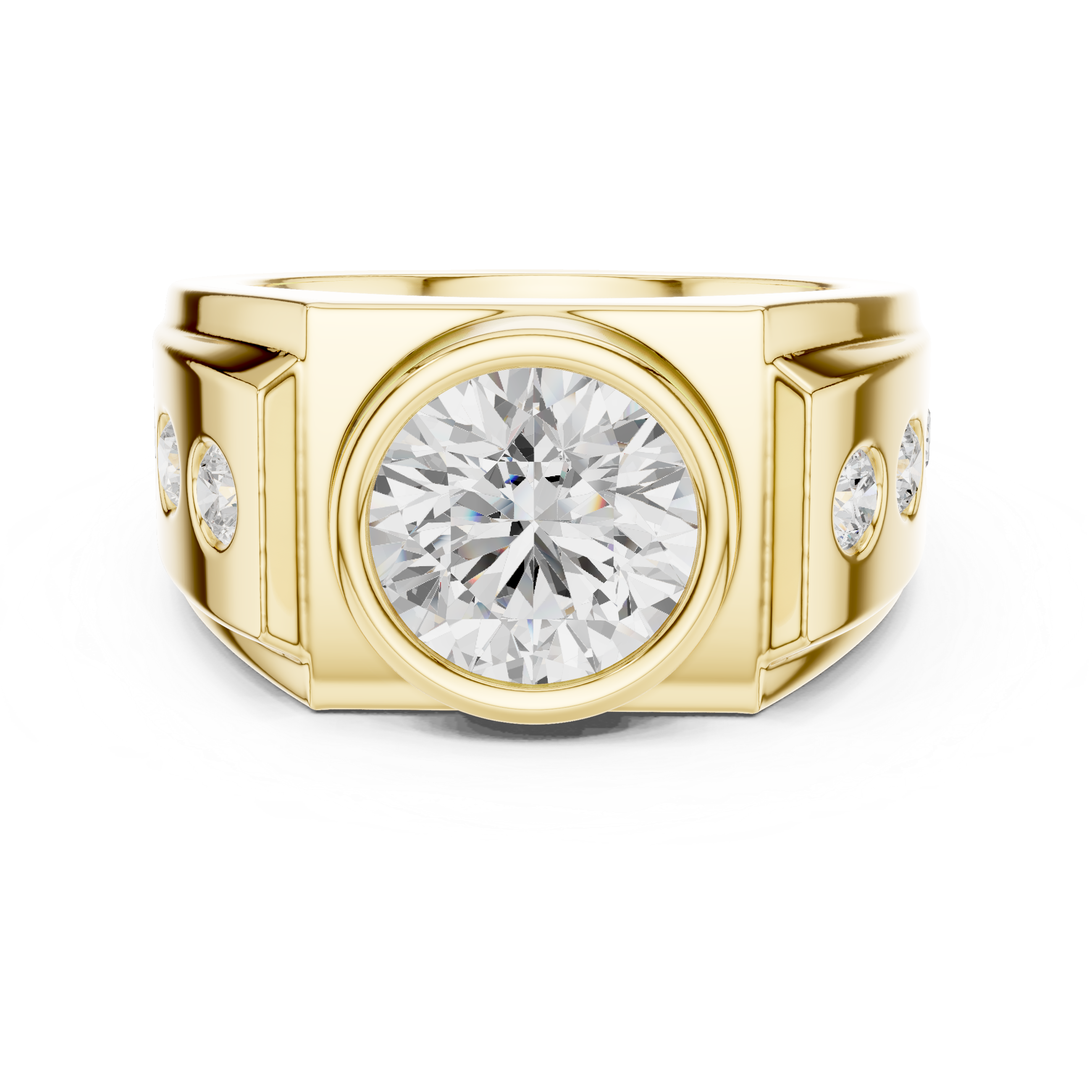 Round Brilliant Diamond Men's Signet Ring – Bezel Set Statement Ring with Side Diamonds