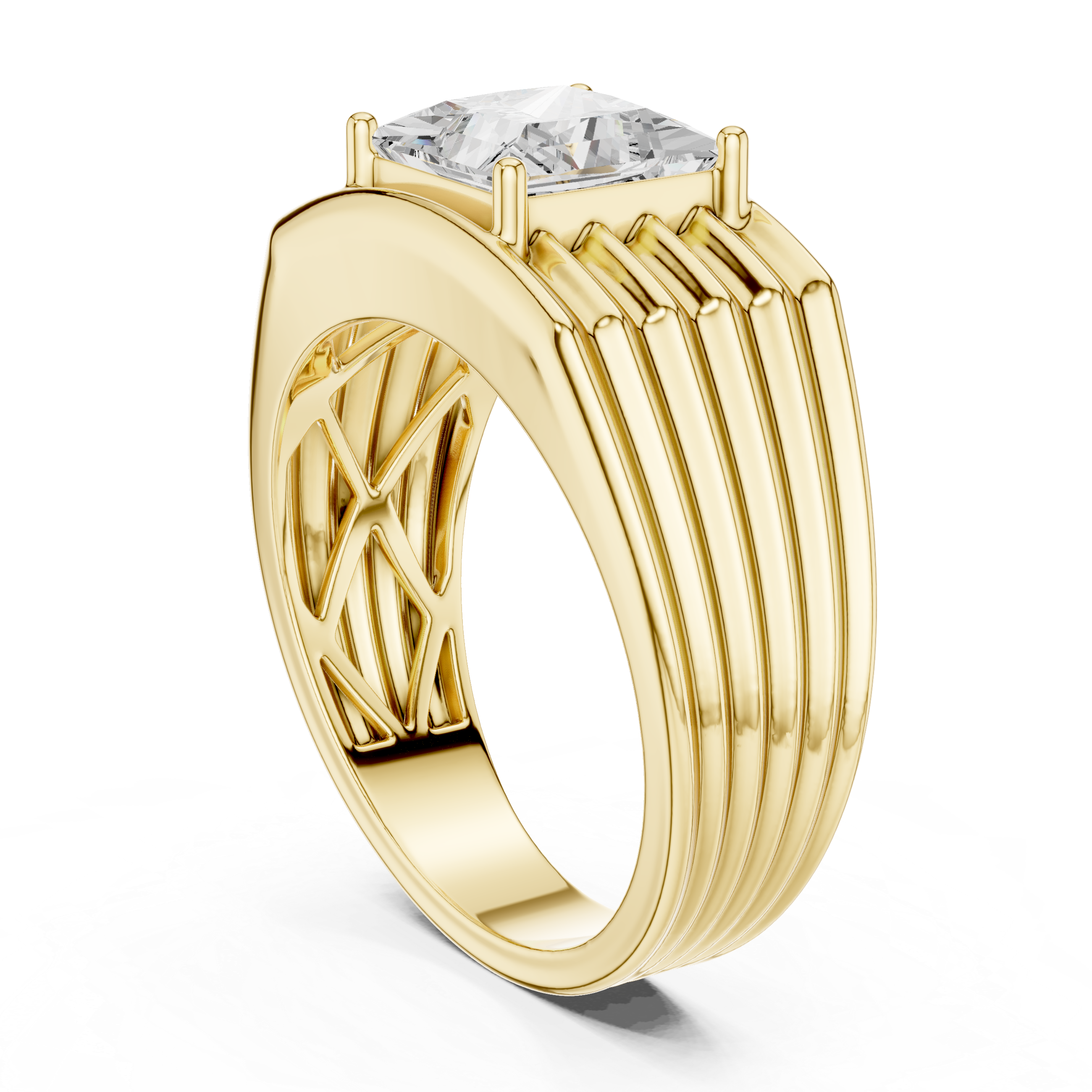 Princess Cut Solitaire Men's Ring – Multi-Ribbed Statement Signet Ring
